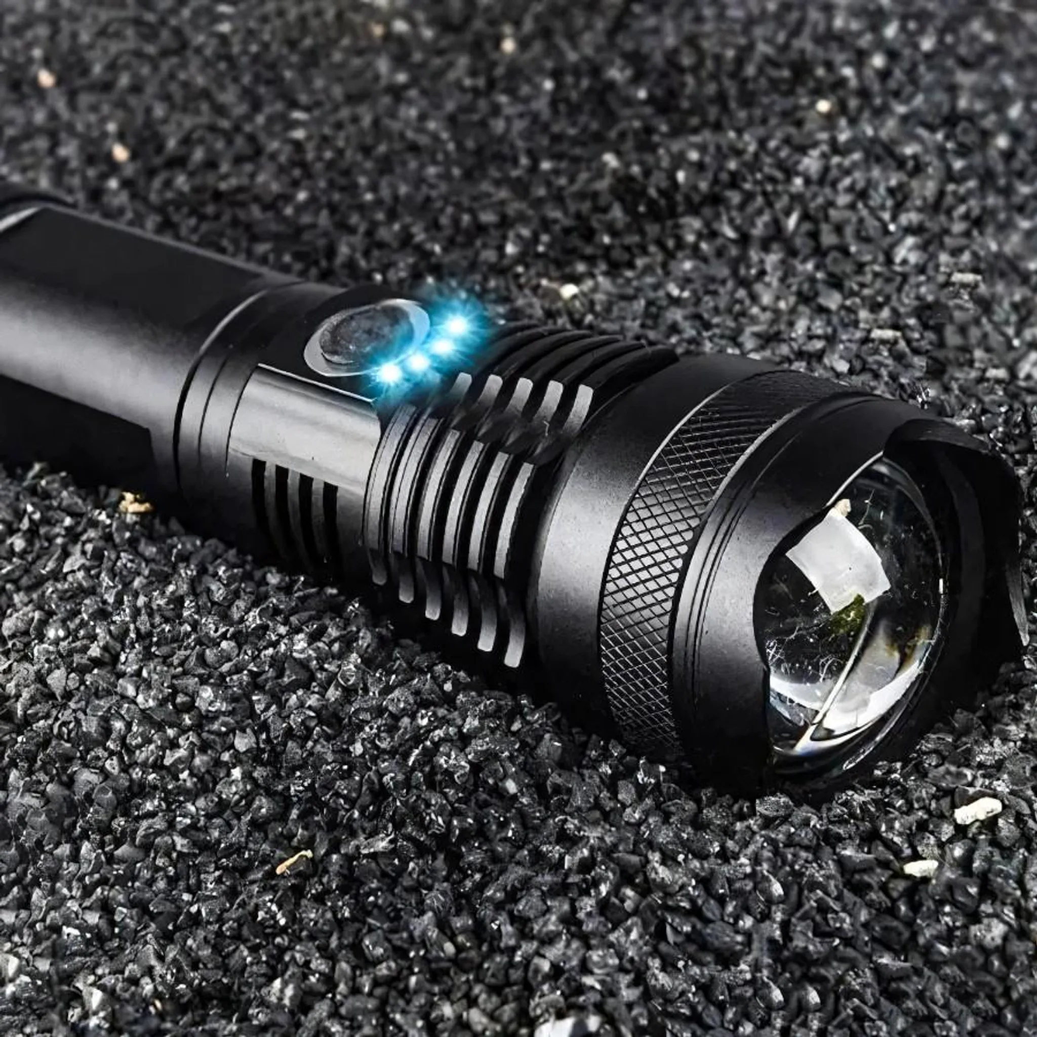 Eine schwarze Taschenlampe mit blauen Lichtern auf einem Bett aus dunklen, kleinen Steinen. Das Licht ist an.