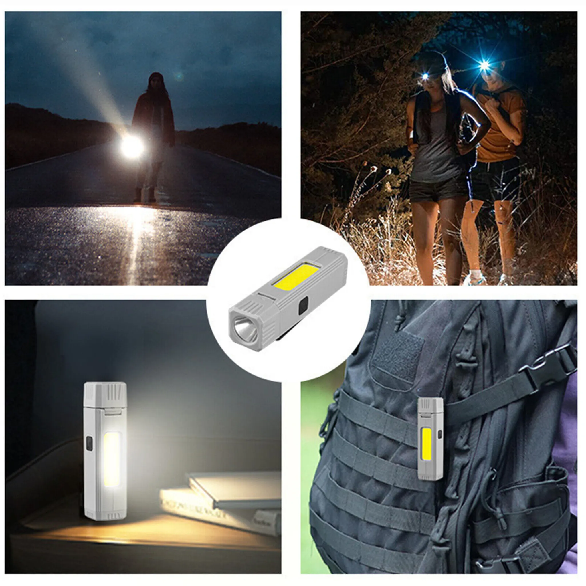 Das Bild zeigt eine Taschenlampe in verschiedenen Umgebungen, darunter eine Person auf einer Straße, zwei Personen in einem Wald und an einem Rucksack befestigt.