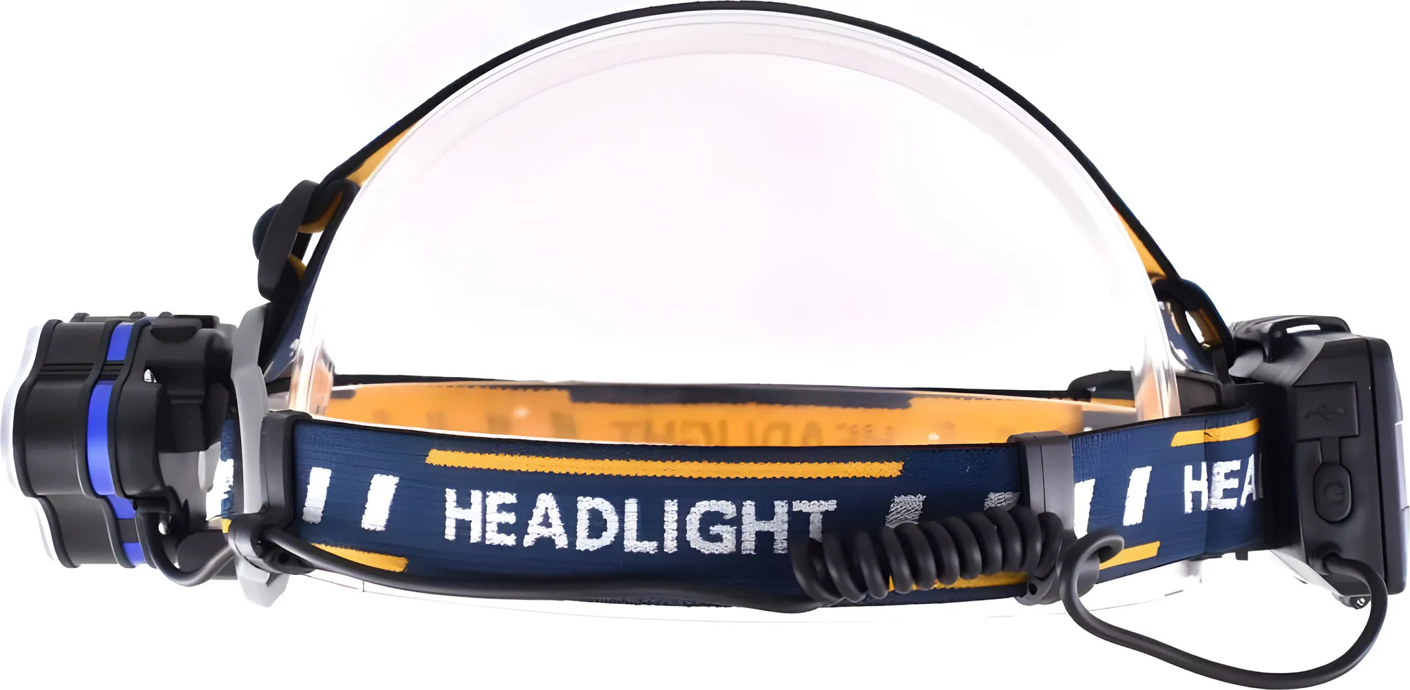 Eine Stirnlampe mit durchsichtigem Kunststoffschild. Der Riemen ist blau und gelb, mit dem Wort 'HEADLIGHT'. Schwarzes Spiralkabel vorhanden.