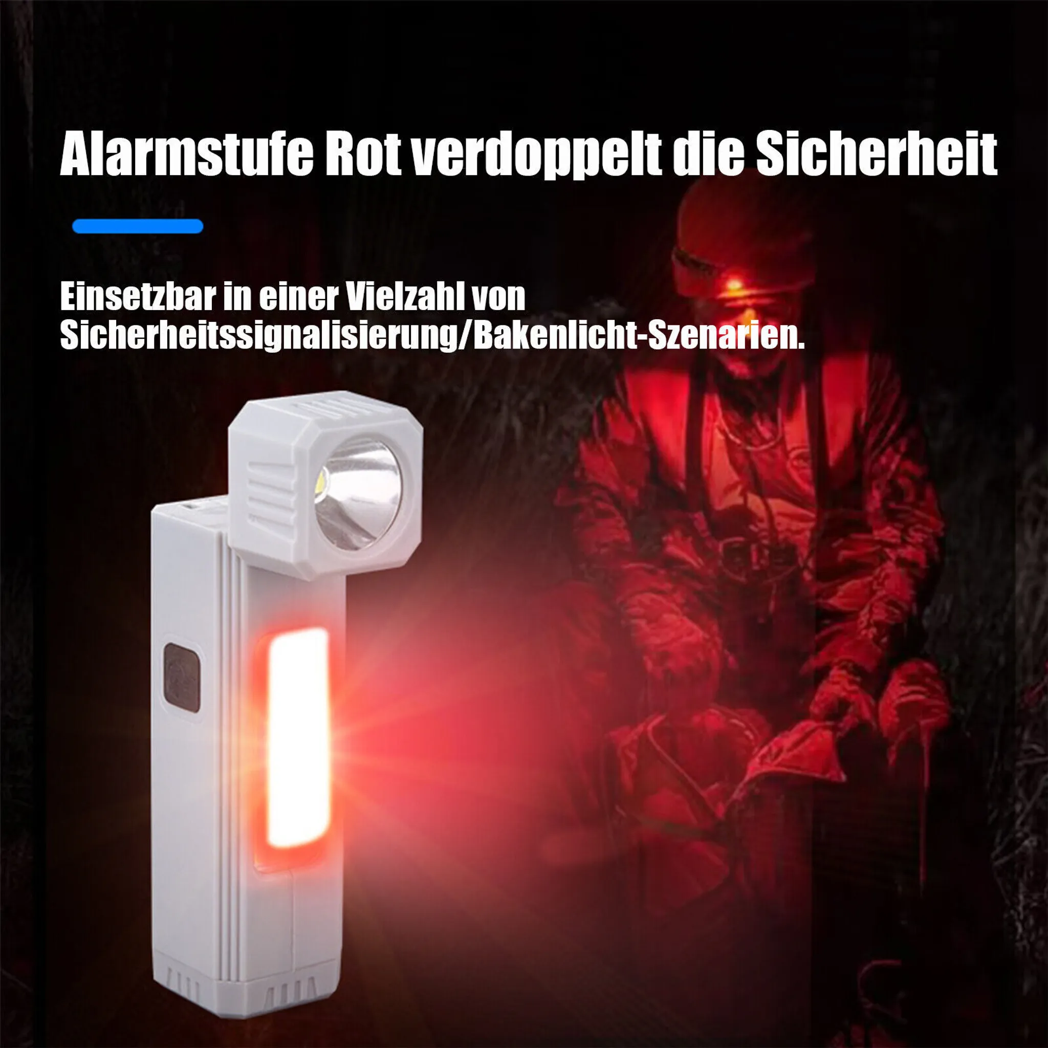 Eine weiße Taschenlampe mit rotem Licht ist eingeschaltet. Im Hintergrund ist eine Person in roter Ausrüstung.