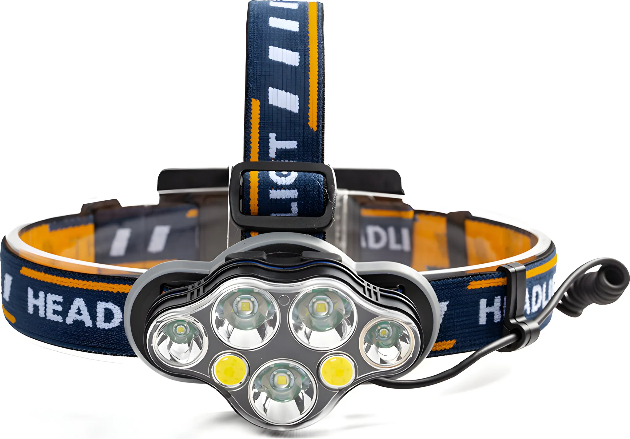 Eine Stirnlampe mit mehreren LED-Leuchten. Sie hat einen blau-gelben Riemen und ein schwarzes Kabel. Der Hintergrund ist weiß.