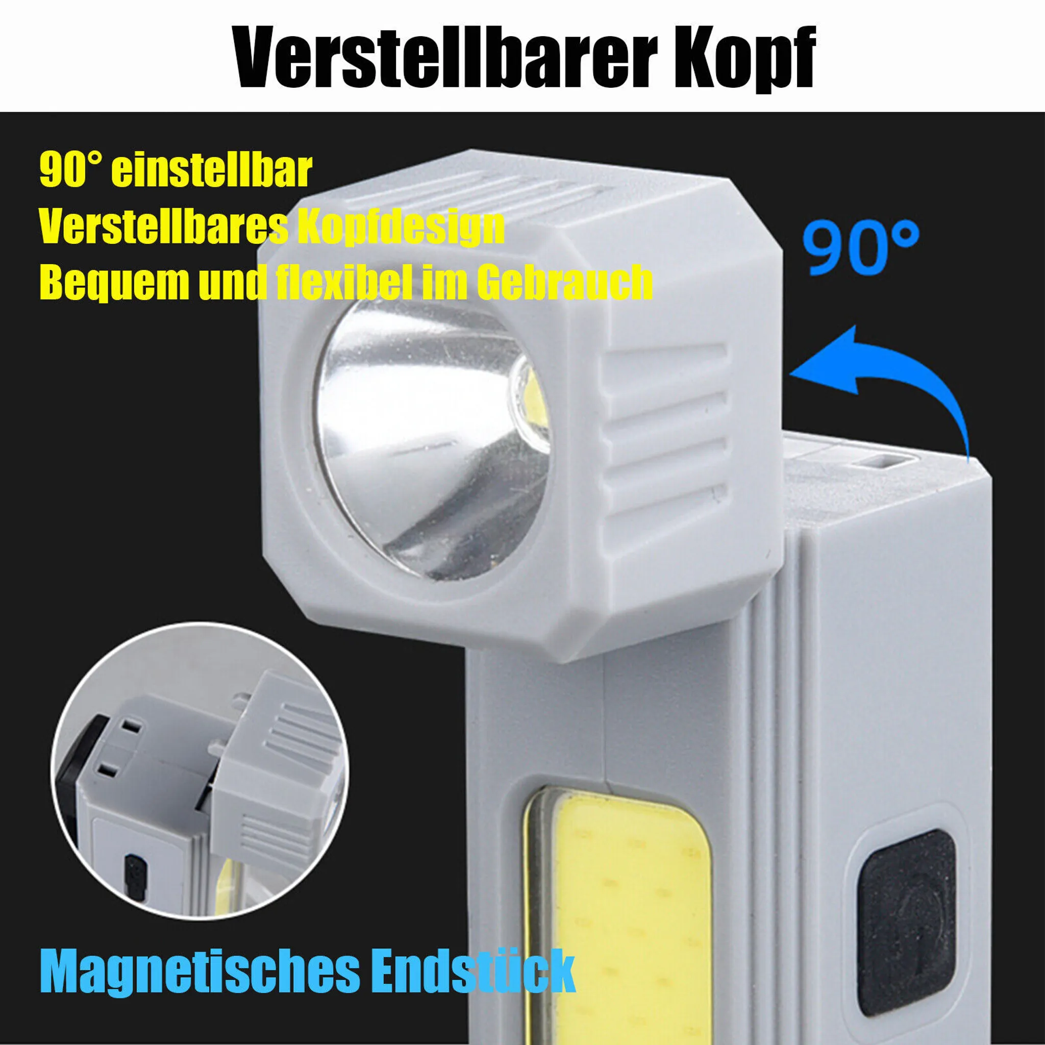 Graue, verstellbare Taschenlampe mit schwenkbarem Kopf. Merkmale umfassen Licht, Knopf und ein kleines inset Bild.