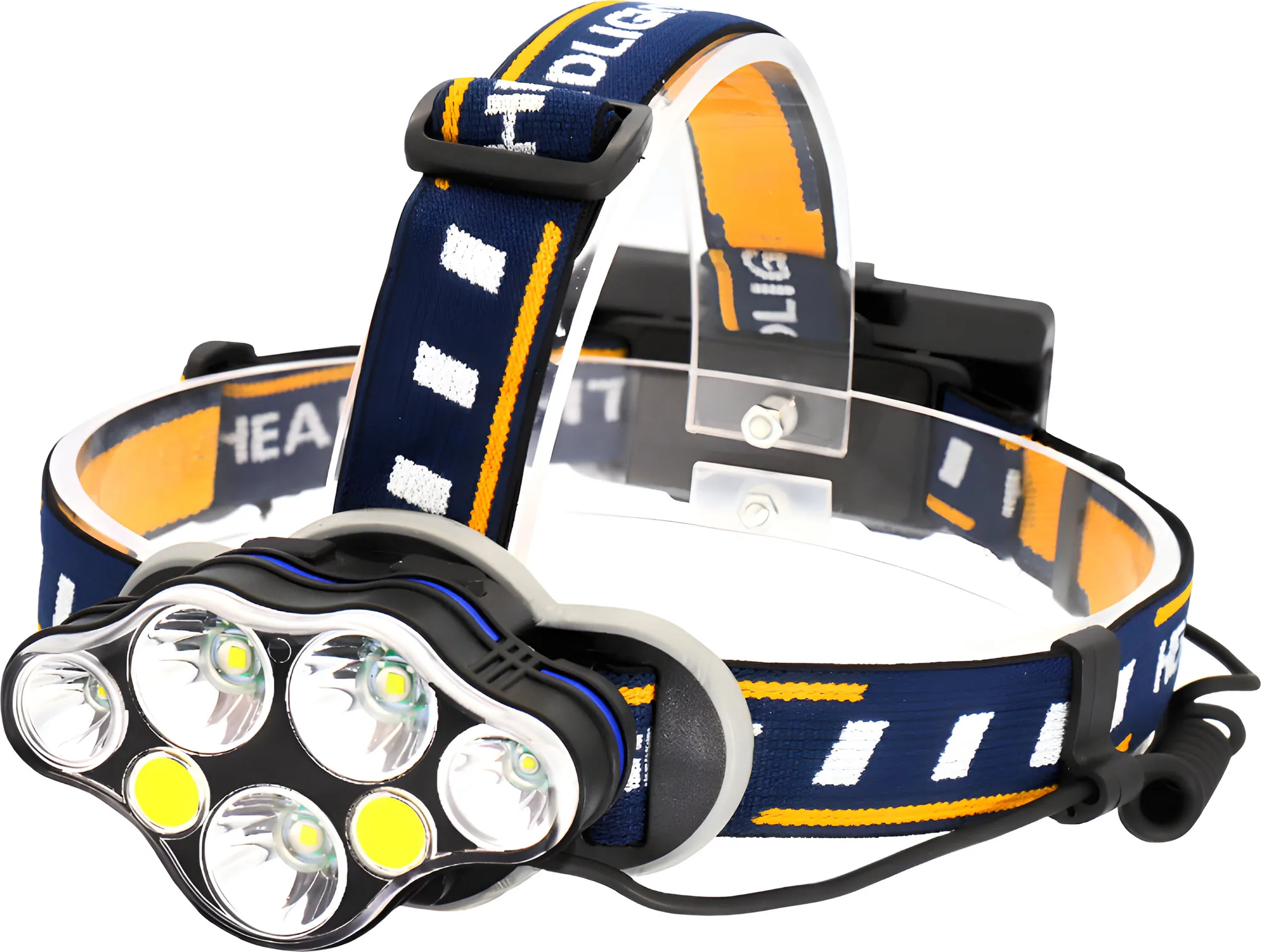 Stirnlampe mit mehreren hellen LEDs und verstellbarem blau-gelb gestreiftem Stirnband, schwarzem Gehäuse und transparentem Kunststoffrahmen.