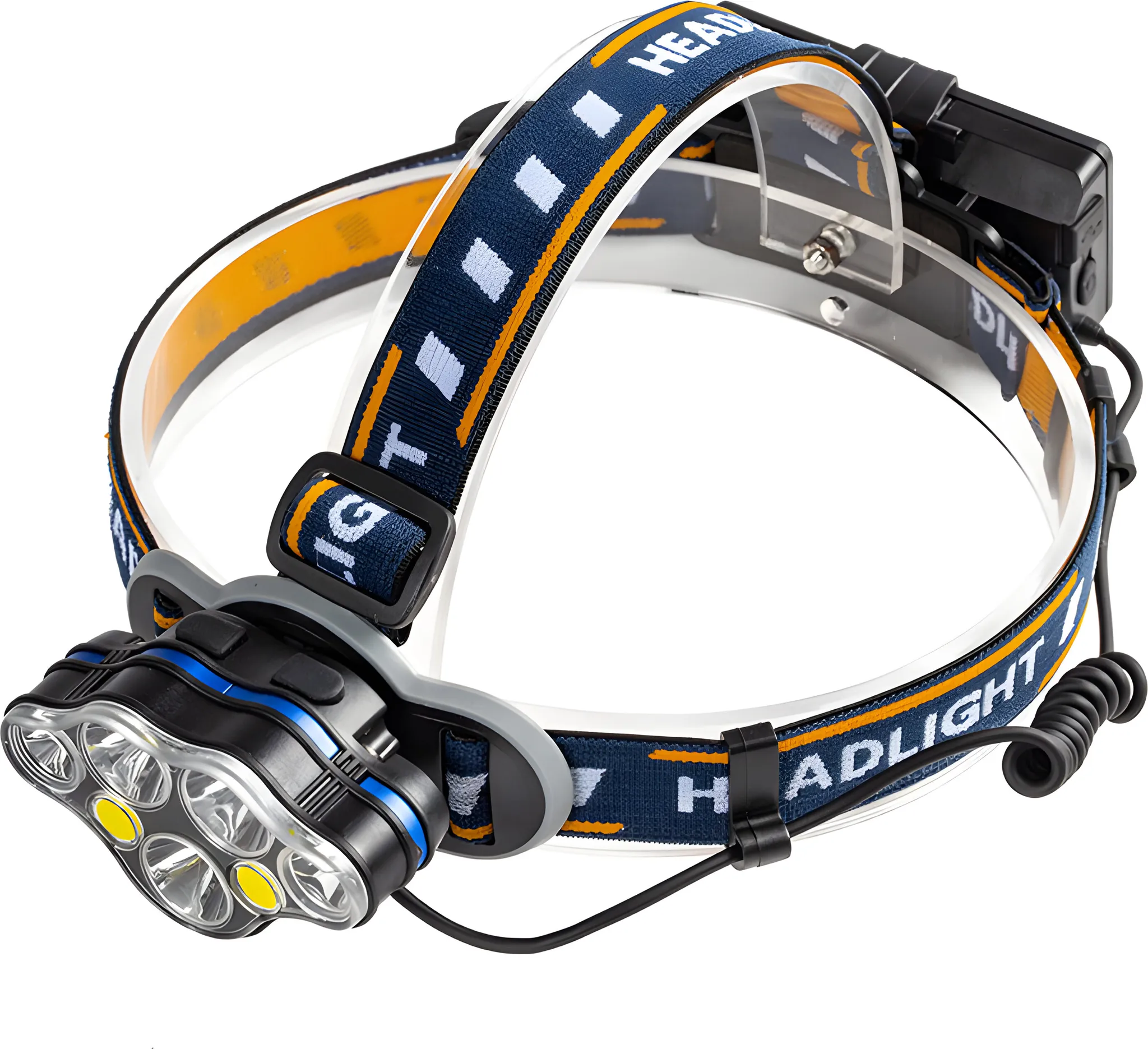 Stirnlampe mit blauen, gelben und weißen Akzenten. Enthält mehrere LED-Leuchten und ein Band mit dem Wort 'HEADLIGHT'.