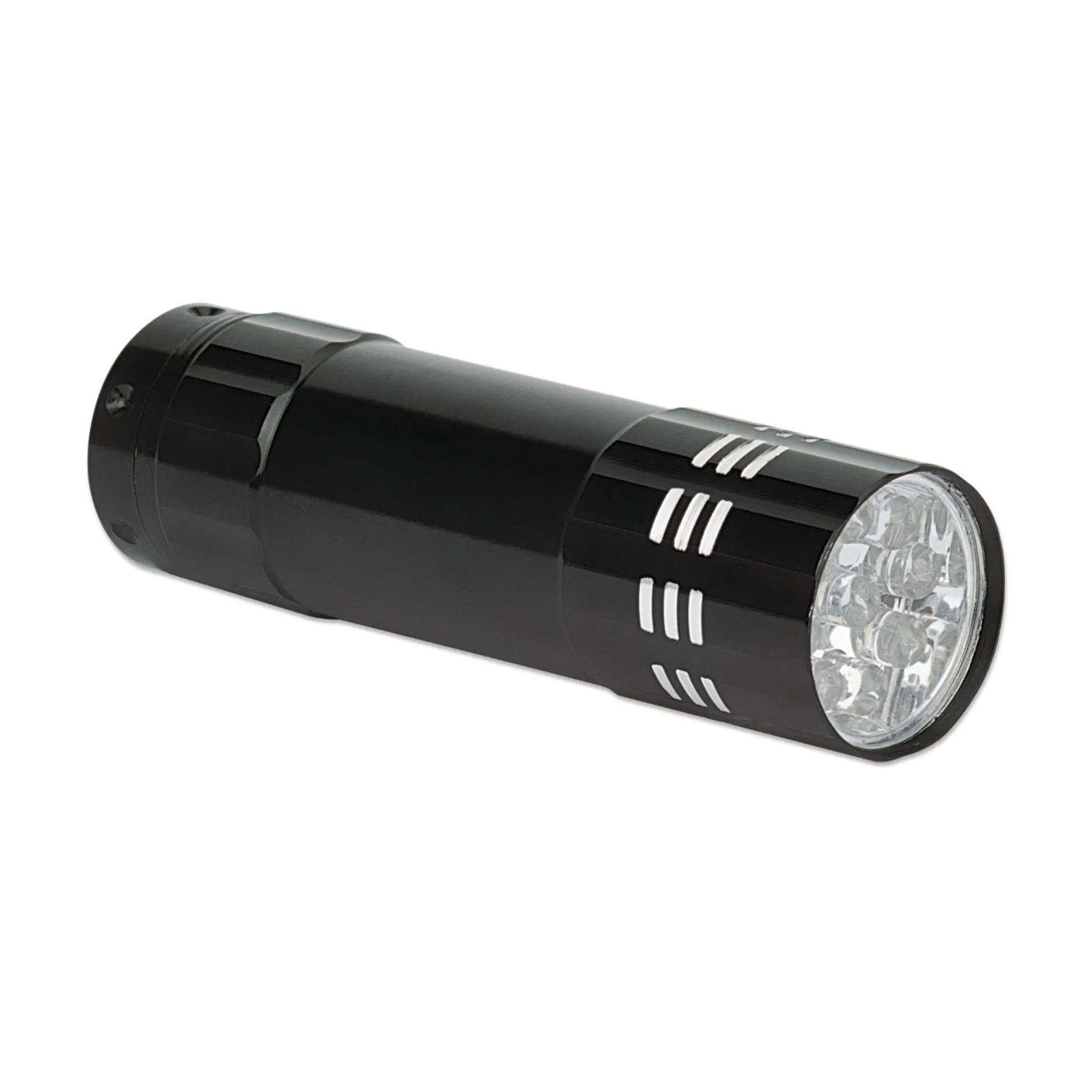 Eine schwarze Taschenlampe mit weißen Linien an der Seite. Die Vorderseite hat mehrere LED-Leuchten.