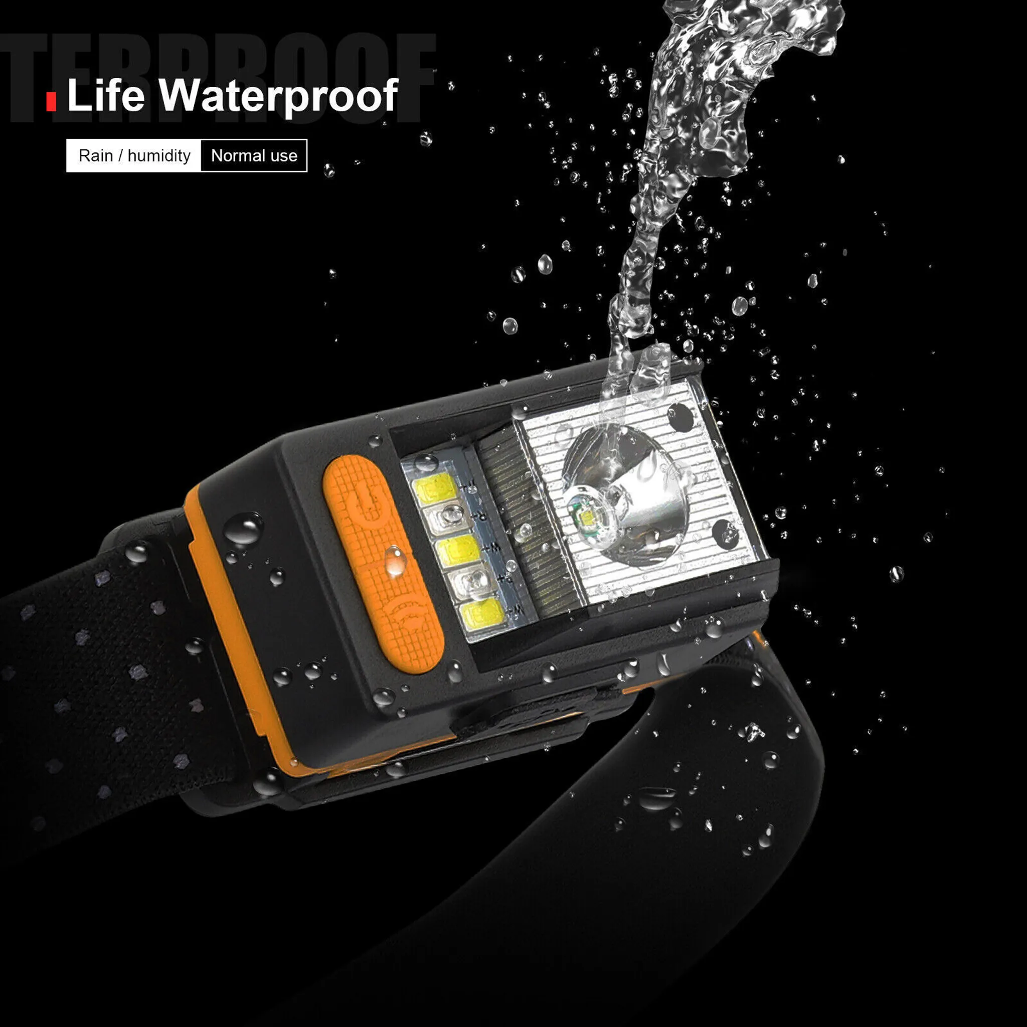Stirnlampe mit Wasser übergossen. Schwarz-oranges Design. Life Waterproof Text.