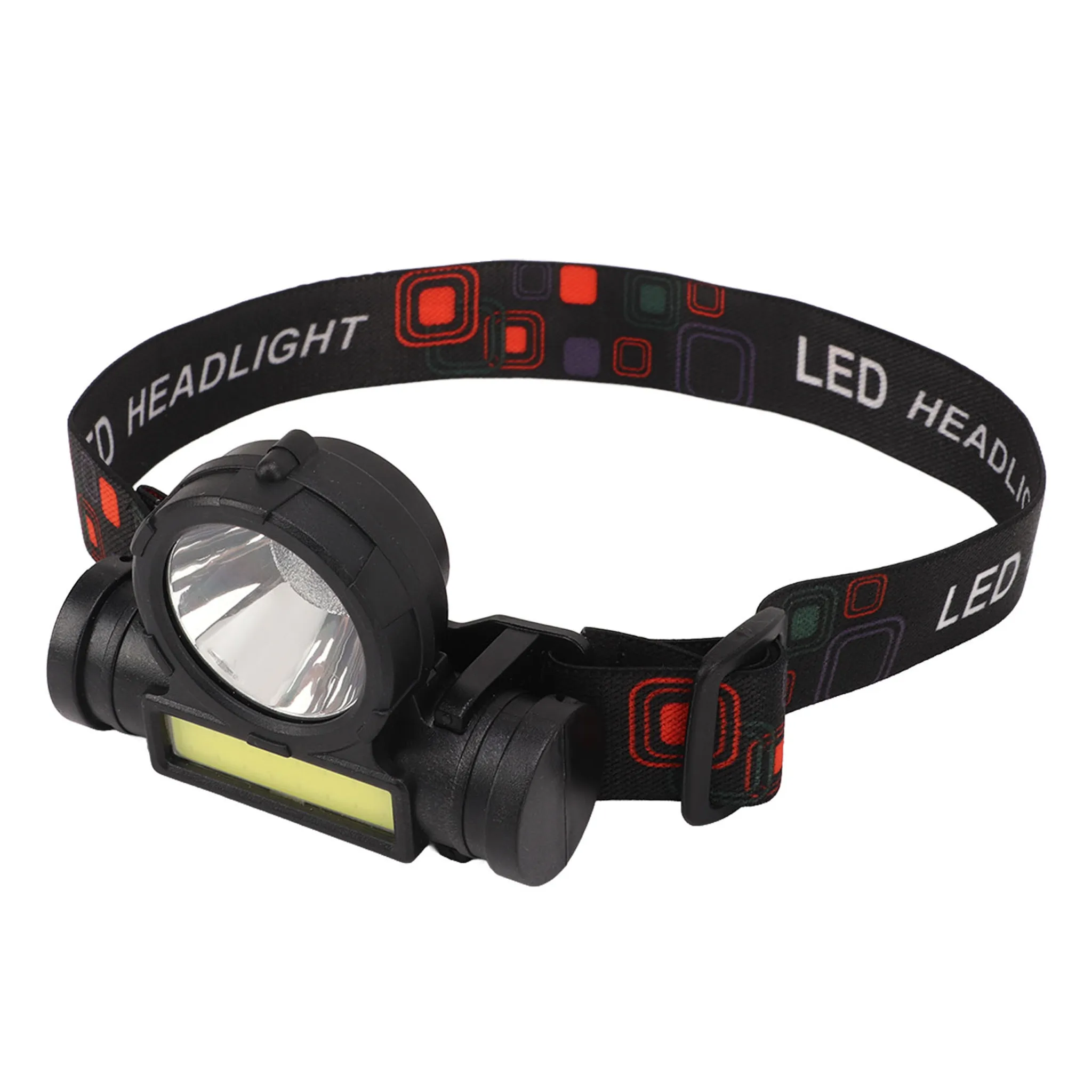 Schwarze LED-Stirnlampe mit verstellbarem Riemen. Der Riemen hat rote Quadrate. Die Lampe hat ein helles Licht.