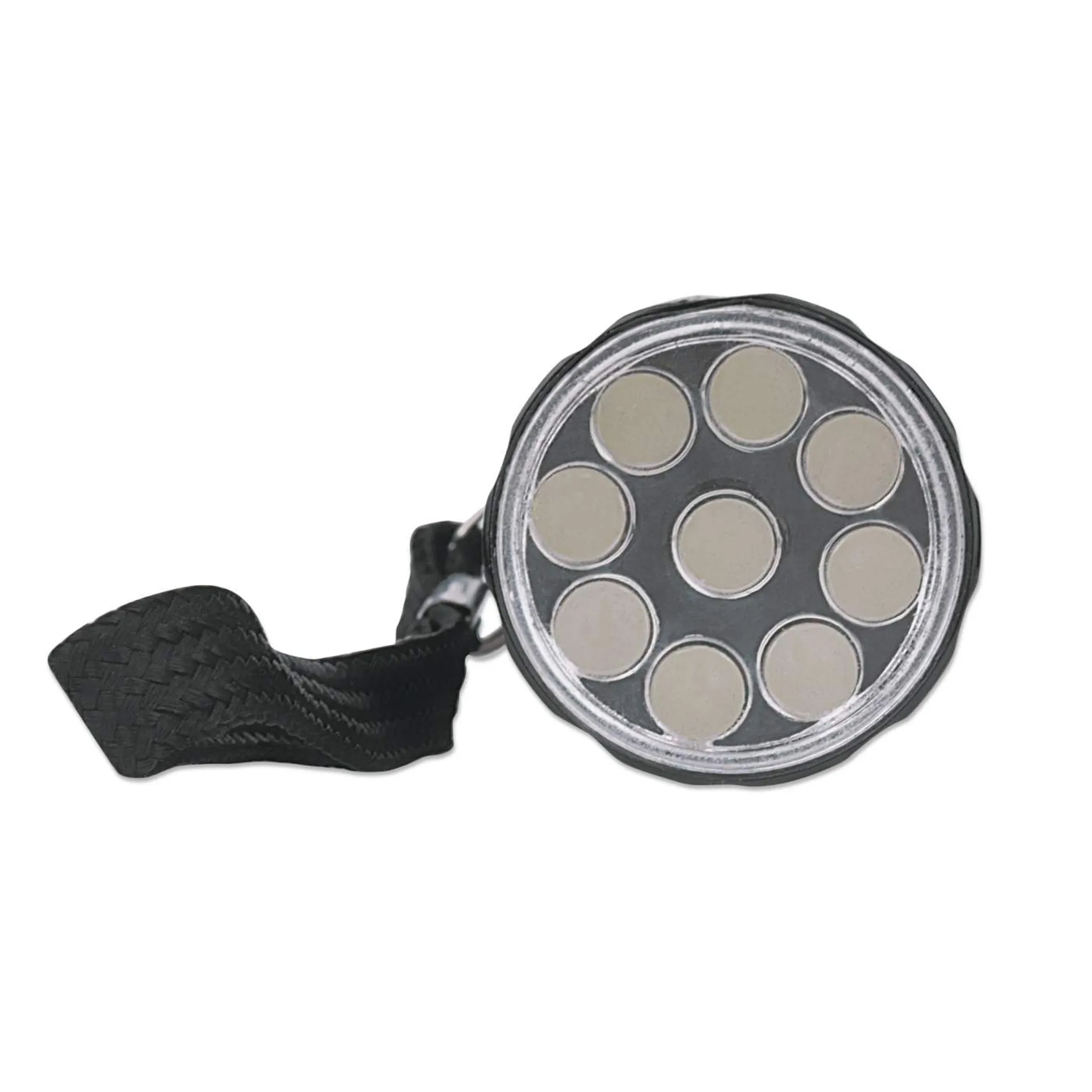 Ein rundes schwarzes Licht mit 9 gleichmäßig verteilten Leuchtdioden, einem durchsichtigen Kunststoffrand und einem schwarzen Stoffband.
