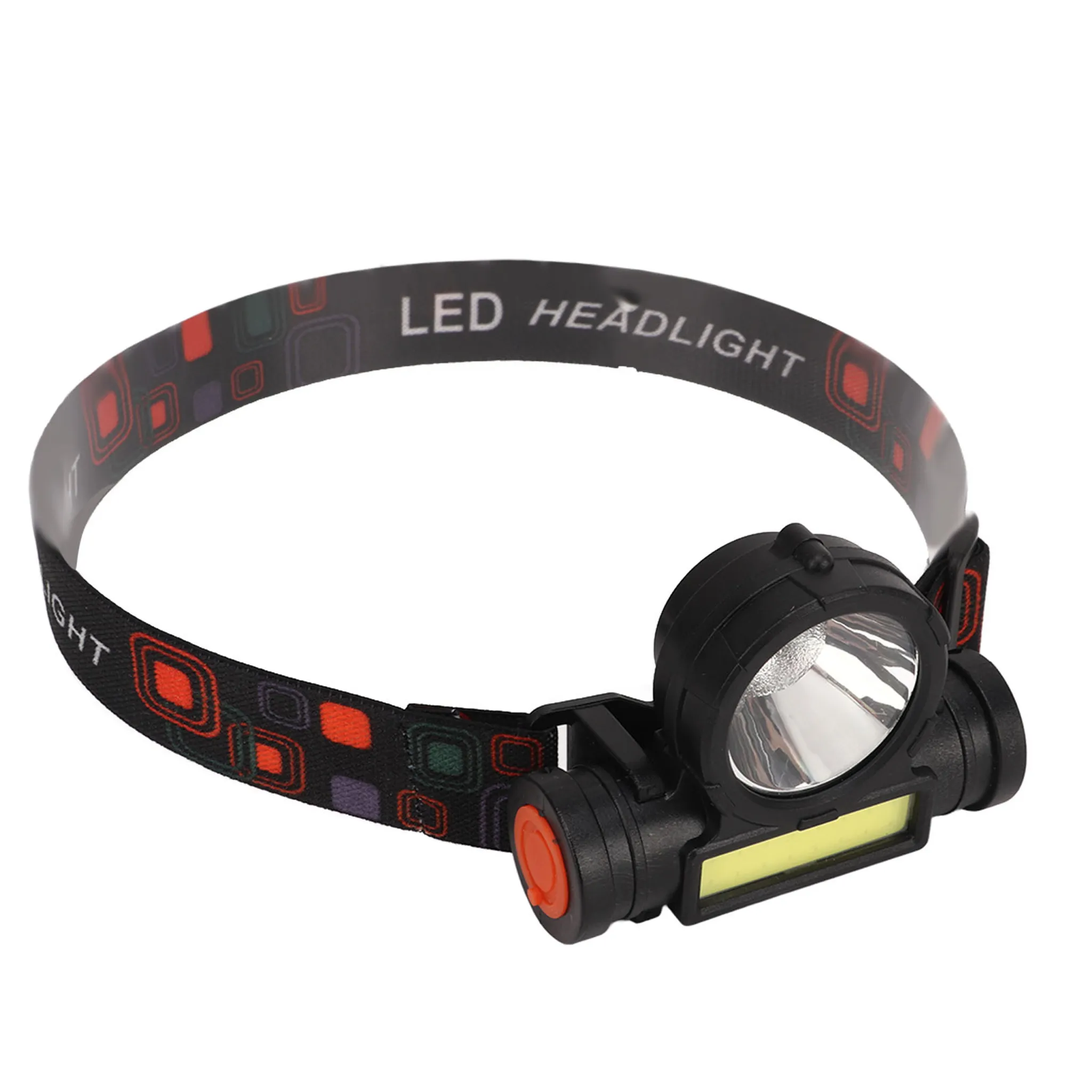 Schwarzer LED-Stirnlampe mit gemustertem Riemen. Rote, schwarze und weiße Farben sind vorhanden. Es hat ein helles Licht.