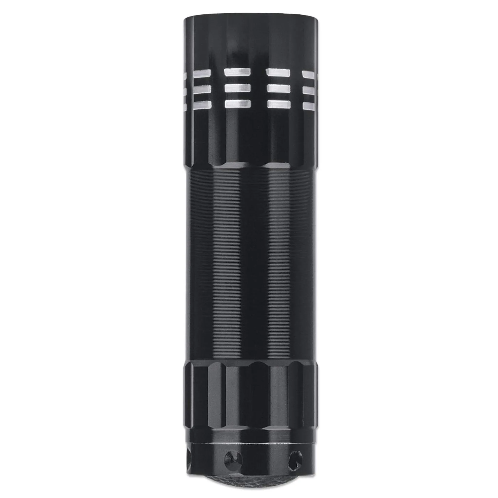 Eine schwarze Taschenlampe mit strukturiertem Griff. Sie hat einen geriffelten Körper und silberne Akzente.