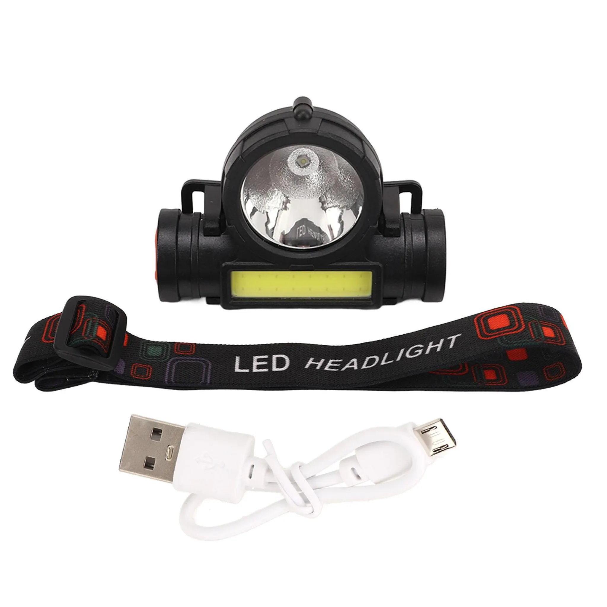 Schwarze LED-Stirnlampe mit Riemen und Ladekabel. Verfügt über helles Licht und USB-Kabel zum Aufladen.