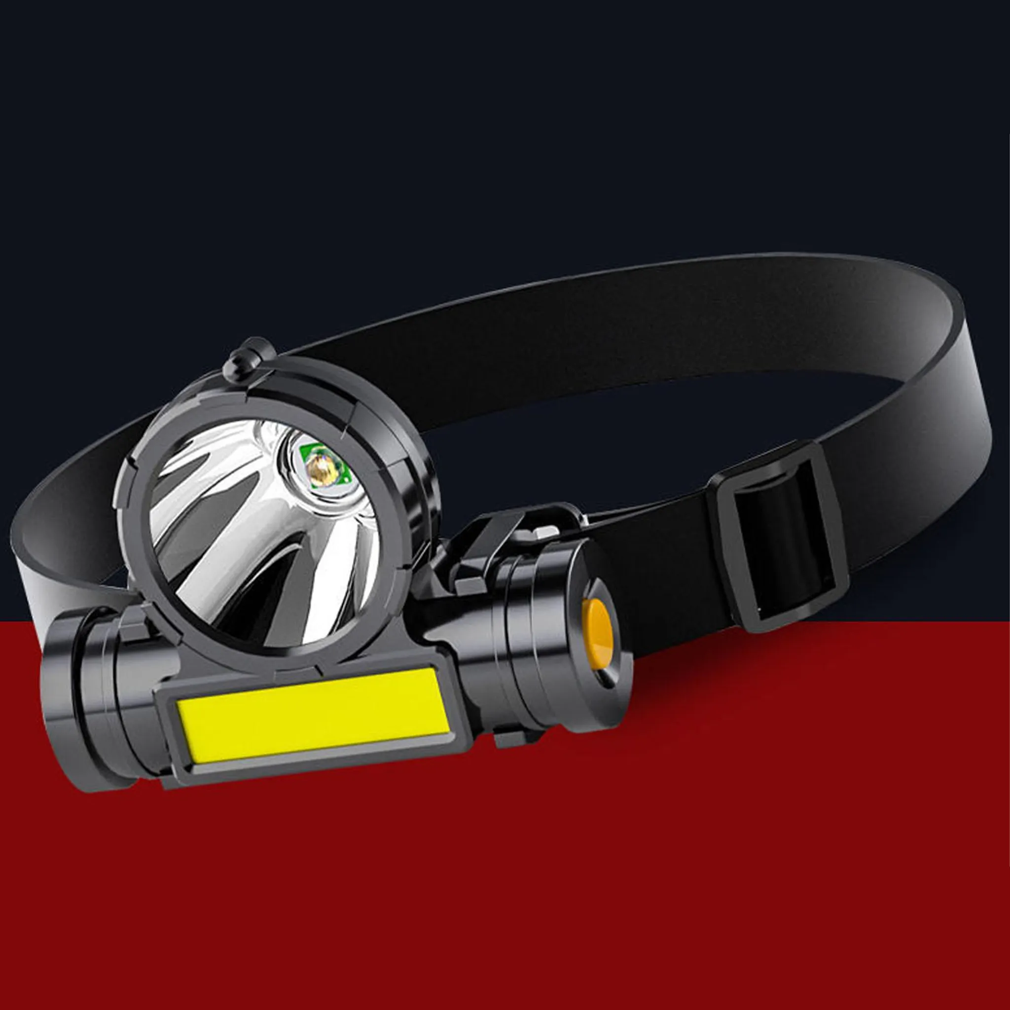 Eine Stirnlampe mit schwarzem Riemen und einem schwarz-gelben Licht. Der Hintergrund ist in Rot und Schwarz unterteilt.