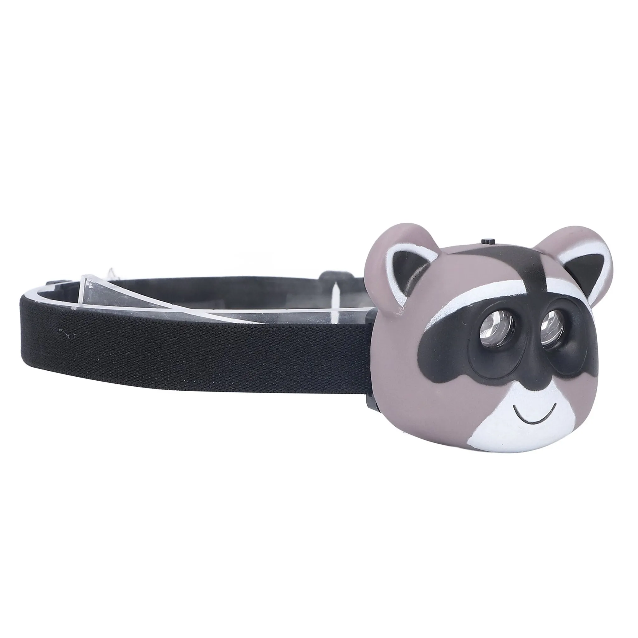 Eine Stirnlampe in Form eines Waschbärgesichts. Sie hat einen schwarzen Riemen und transparente Kunststoffaufsätze. Der Waschbär hat schwarze Markierungen.