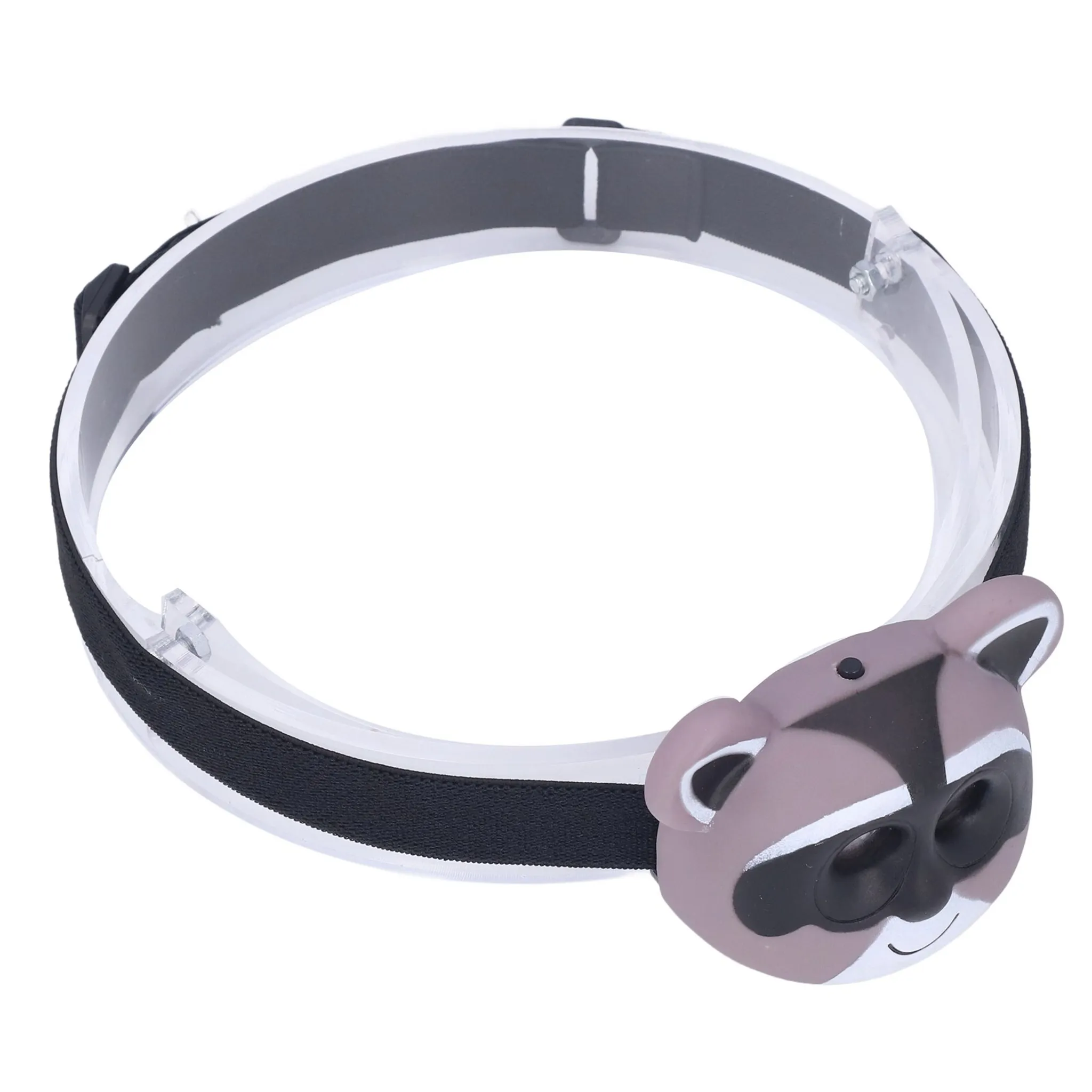 Eine Stirnlampe mit einem Waschbärgesicht auf weißem Grund. Das Stirnband ist schwarz und transparent.