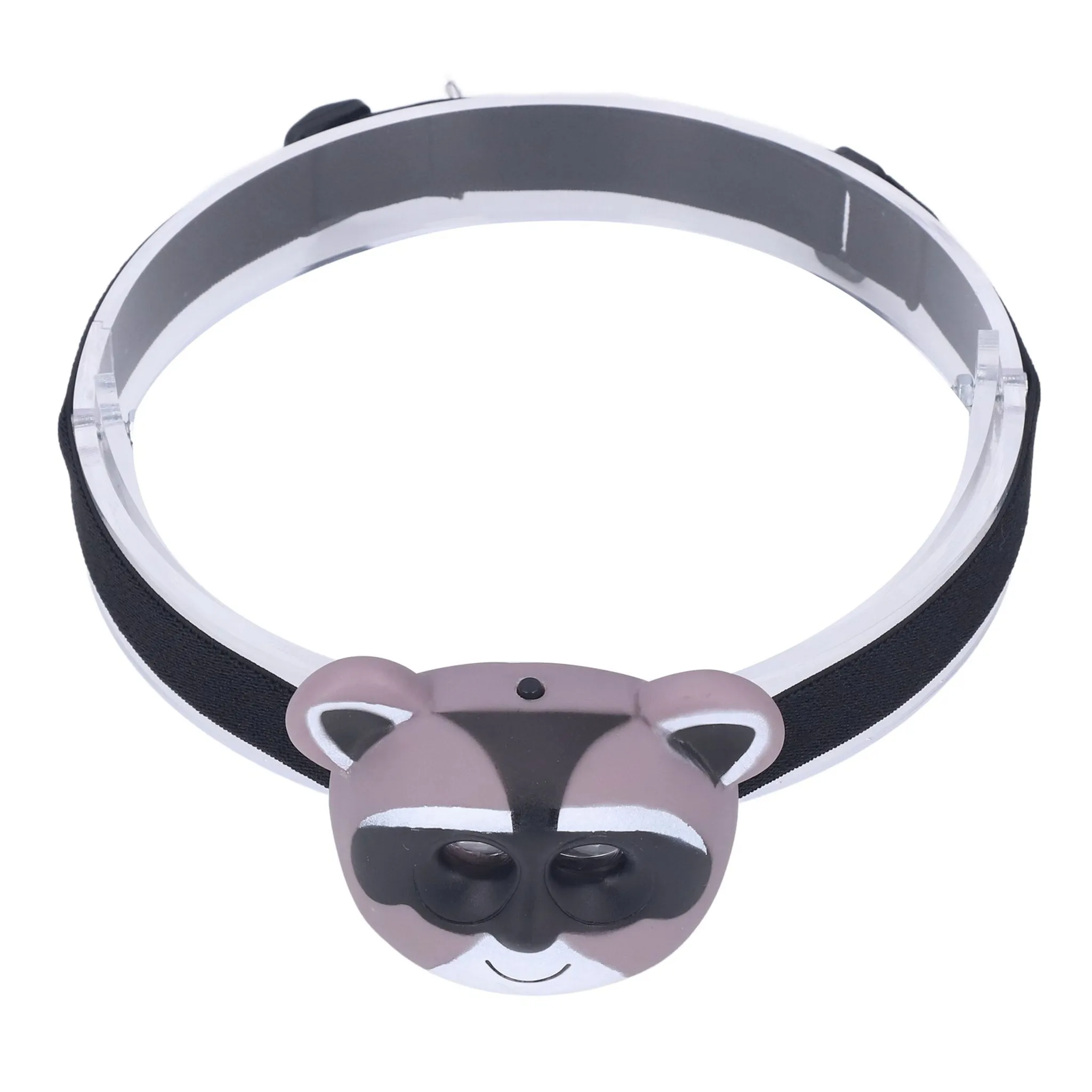 Ein Stirnband mit einem Waschbärgesicht. Das Stirnband ist schwarz und weiß. Das Waschbärgesicht ist grau und schwarz.