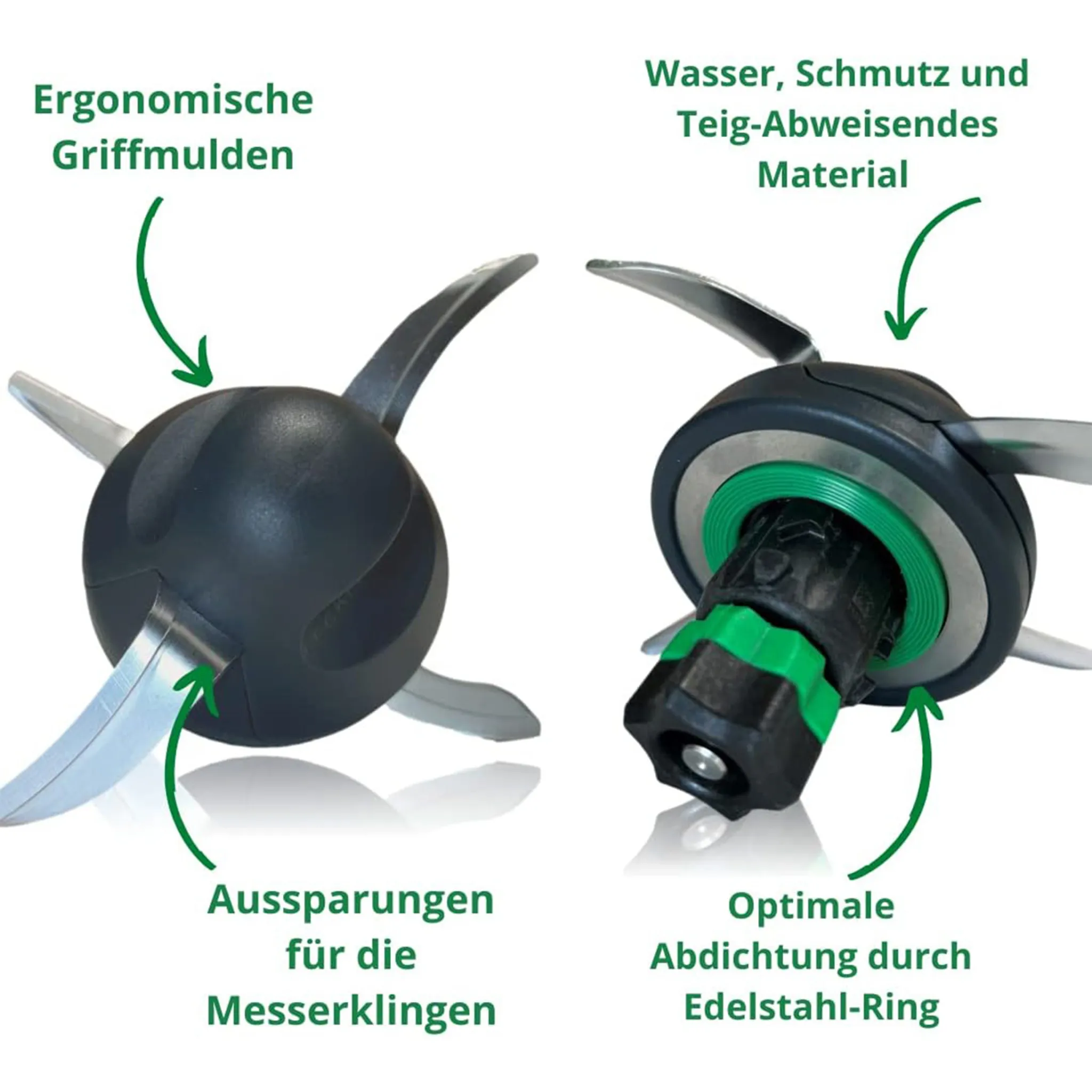 Zwei schwarze Küchenmaschinenklingen mit silbernen Klingen. Etiketten weisen auf Merkmale wie ergonomische Griffe und Dichtungsring hin.