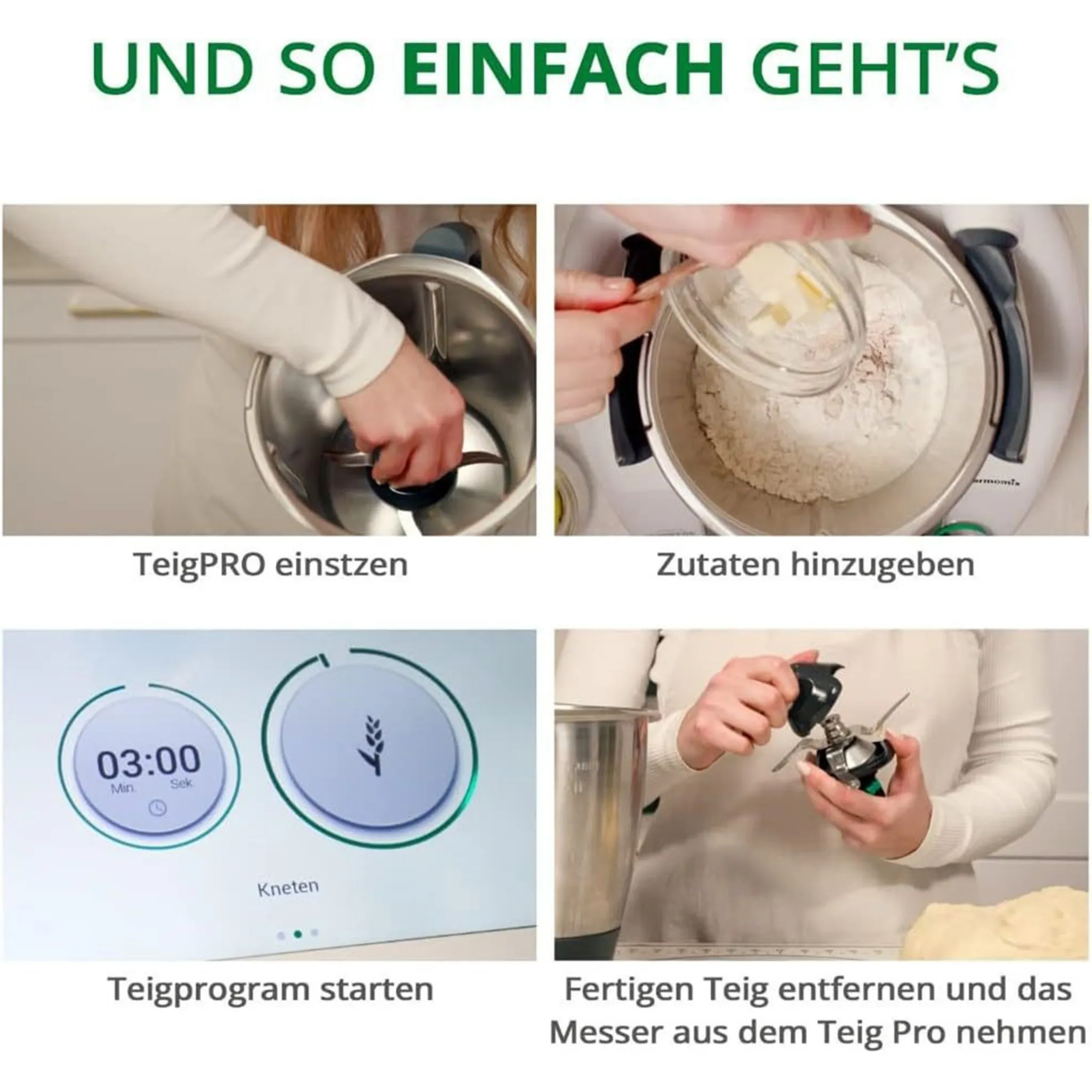 Das Bild zeigt Schritte der Teigzubereitung: Klinge einsetzen, Zutaten hinzufügen, Programm starten, Teig entfernen.