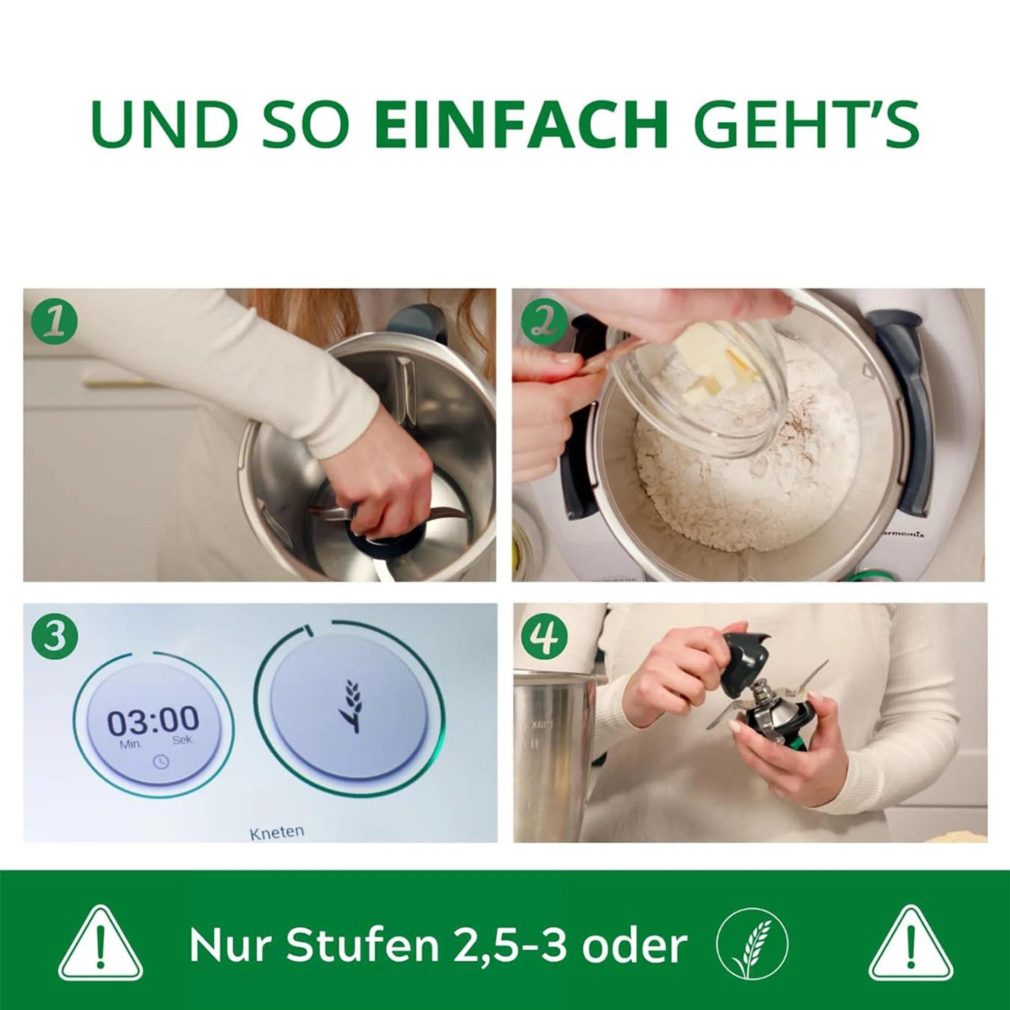 Das Bild zeigt einen Kochvorgang mit Schritten. Es enthält das Hinzufügen von Zutaten, das Einstellen eines Timers und das Zusammenbauen von Teilen.