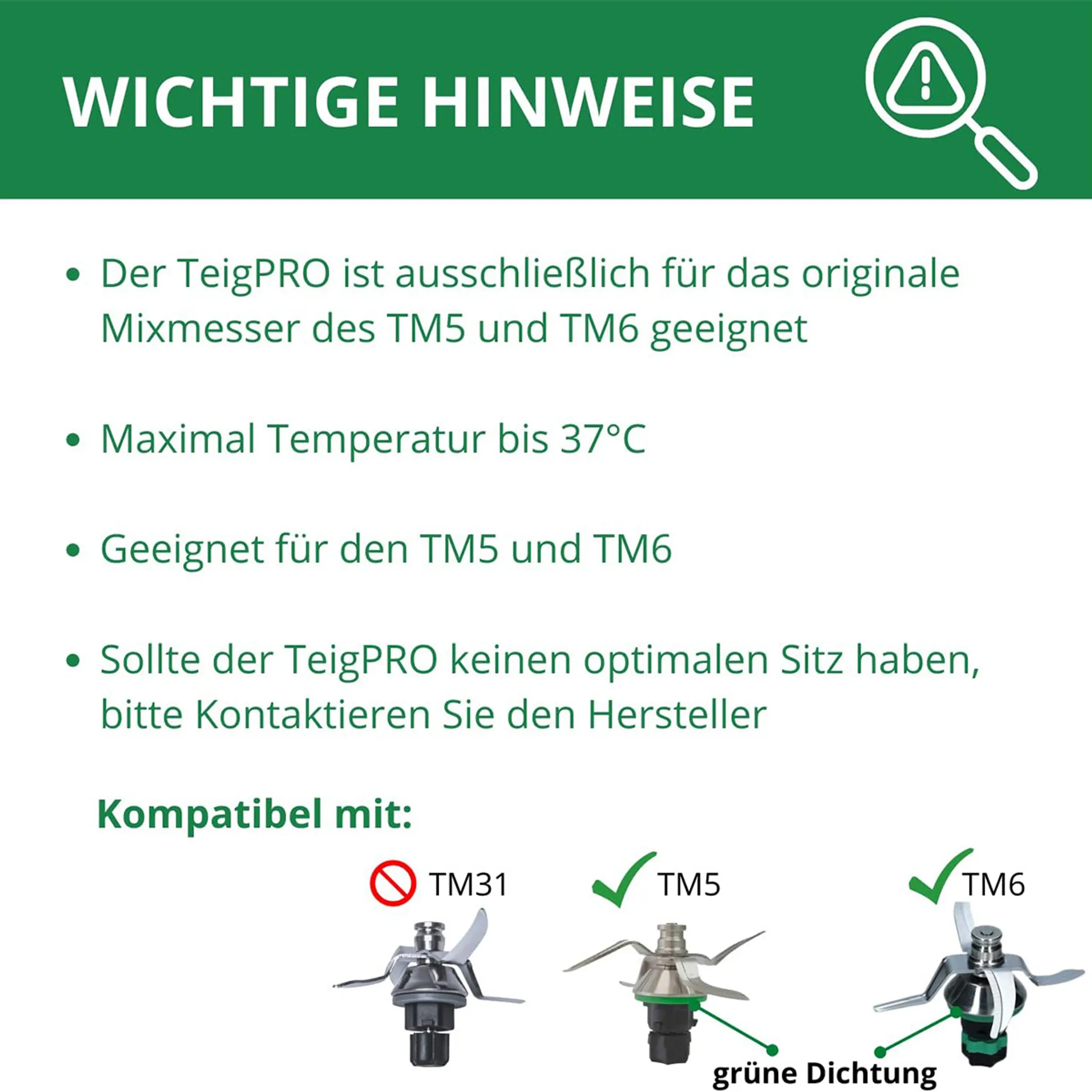 Das Bild zeigt Anweisungen zu einem Produkt, die Kompatibilität mit TM5 und TM6 und ein Warnsymbol.