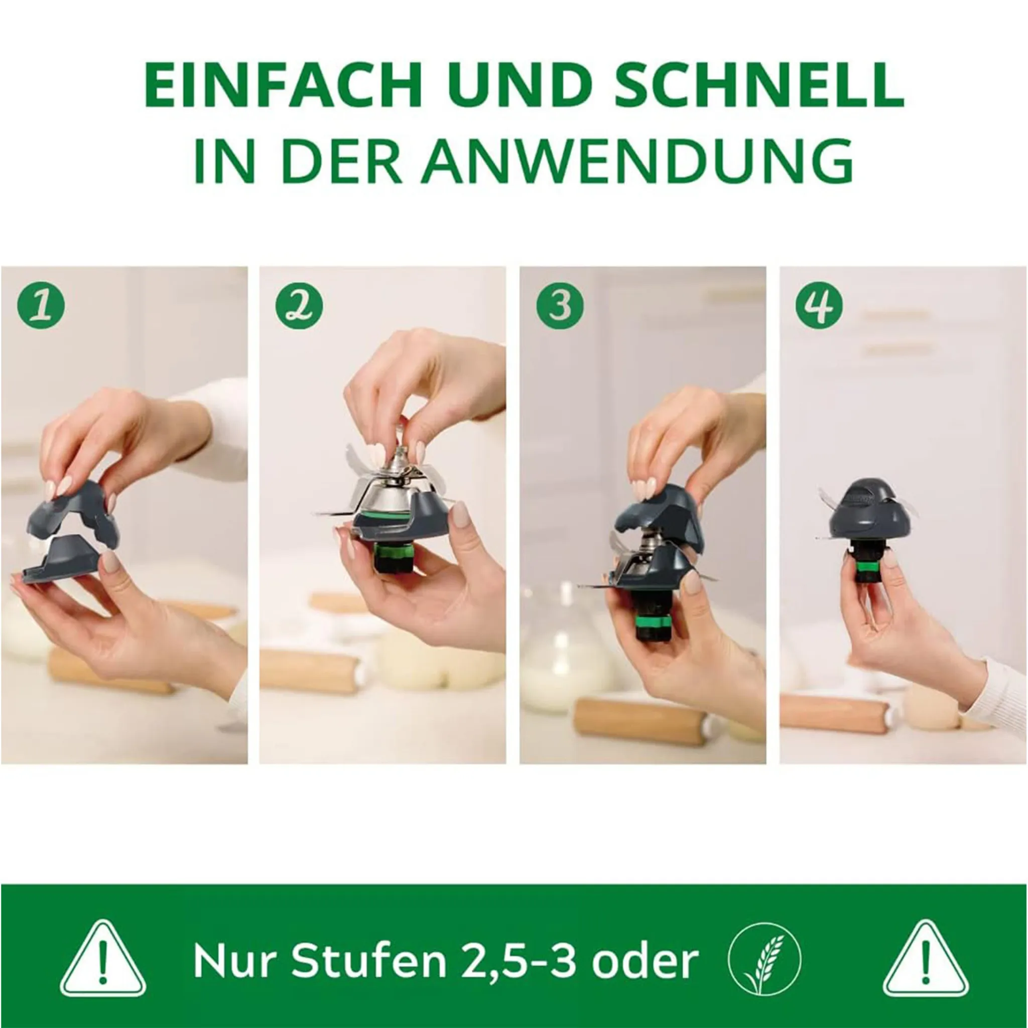 Vierstufiges Bild, das die Montage einer Küchengeräteklinge zeigt. Hände halten Teile vor weißem Hintergrund mit deutschem Text.