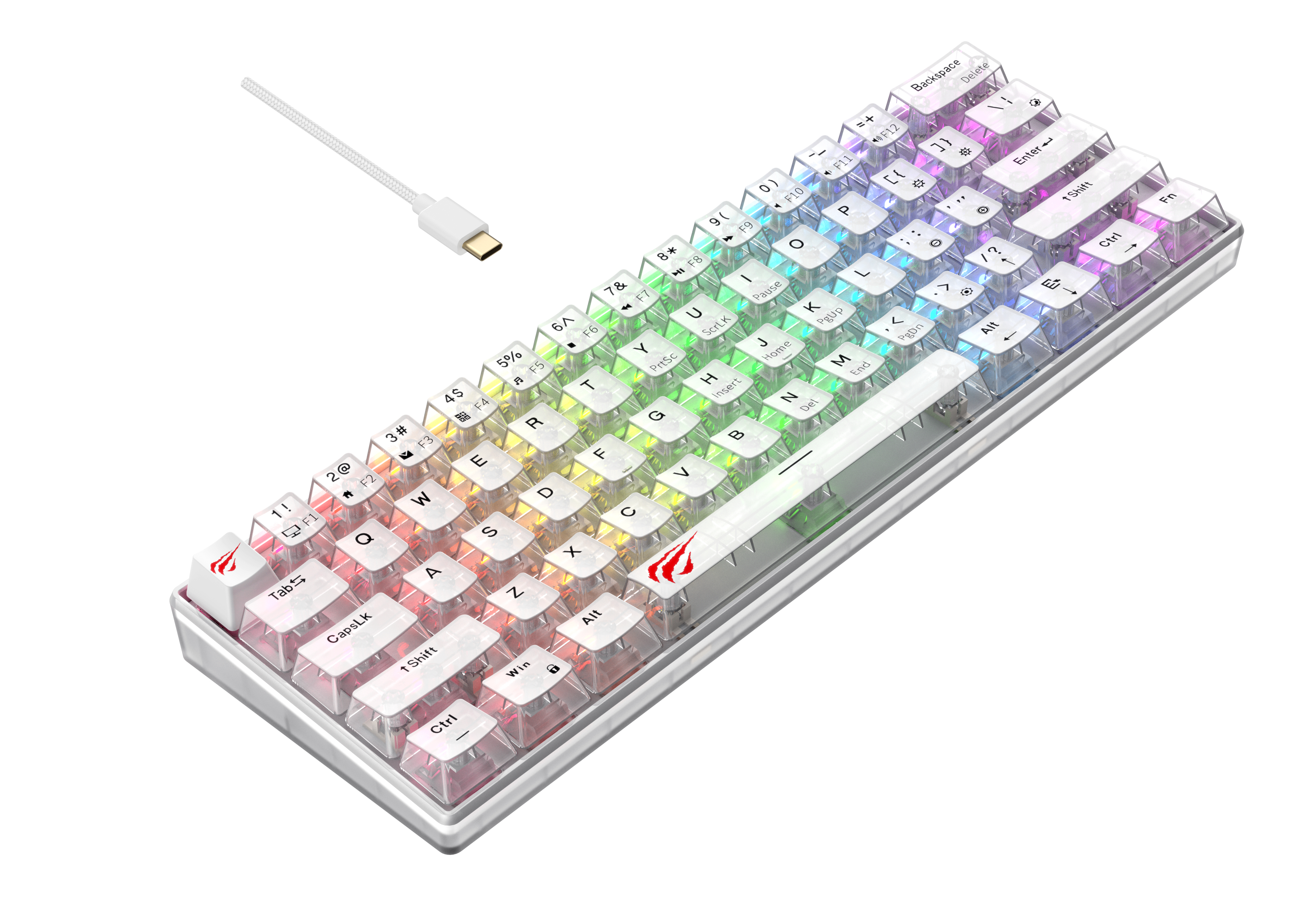 Biała i przezroczysta klawiatura z tęczowym podświetleniem. Wpięty biały kabel. Klawiatura ma różne klawisze.