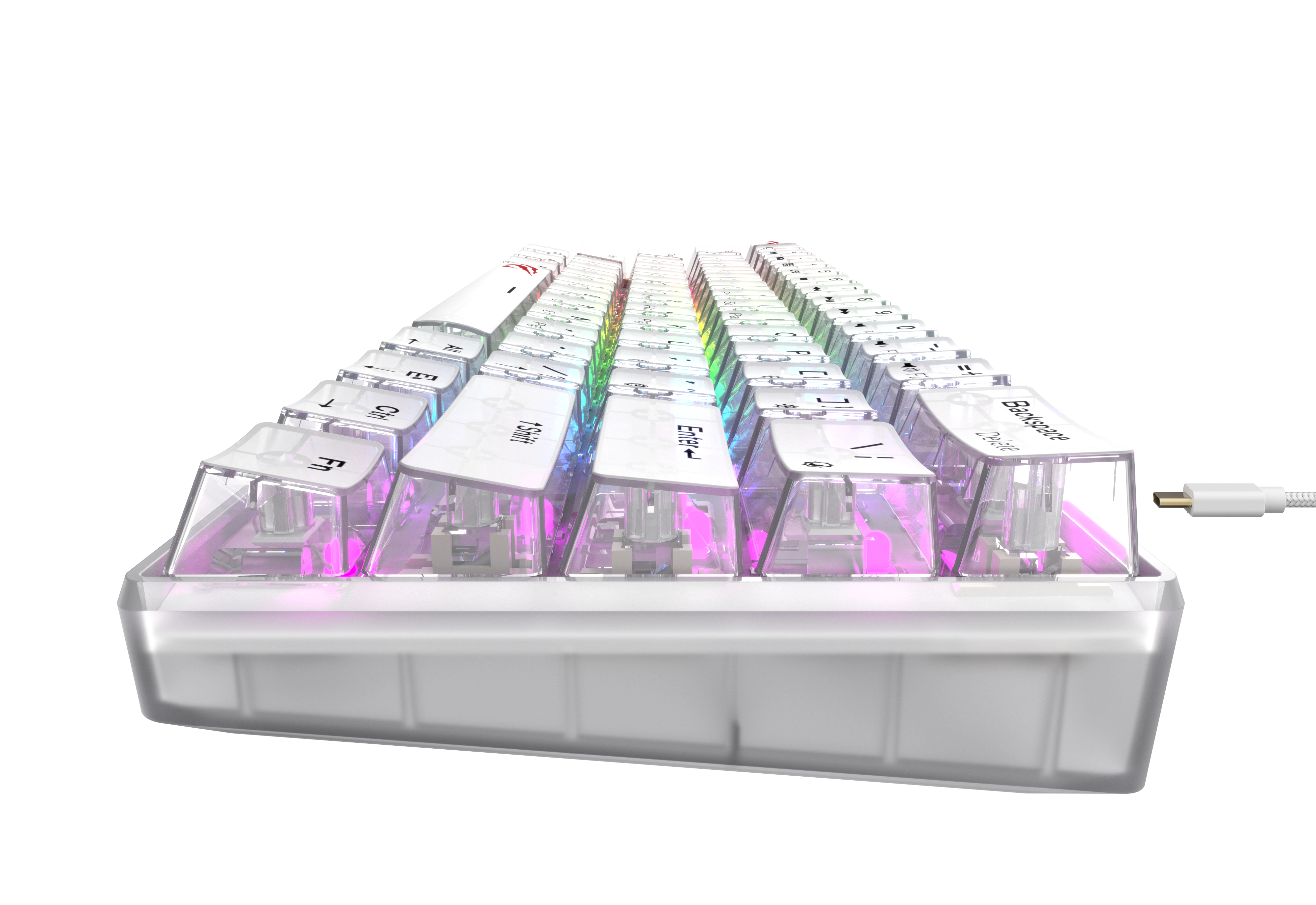 Biała, kompaktowa klawiatura z przezroczystymi klawiszami. Posiada kolorowe podświetlenie i kabel USB-C.