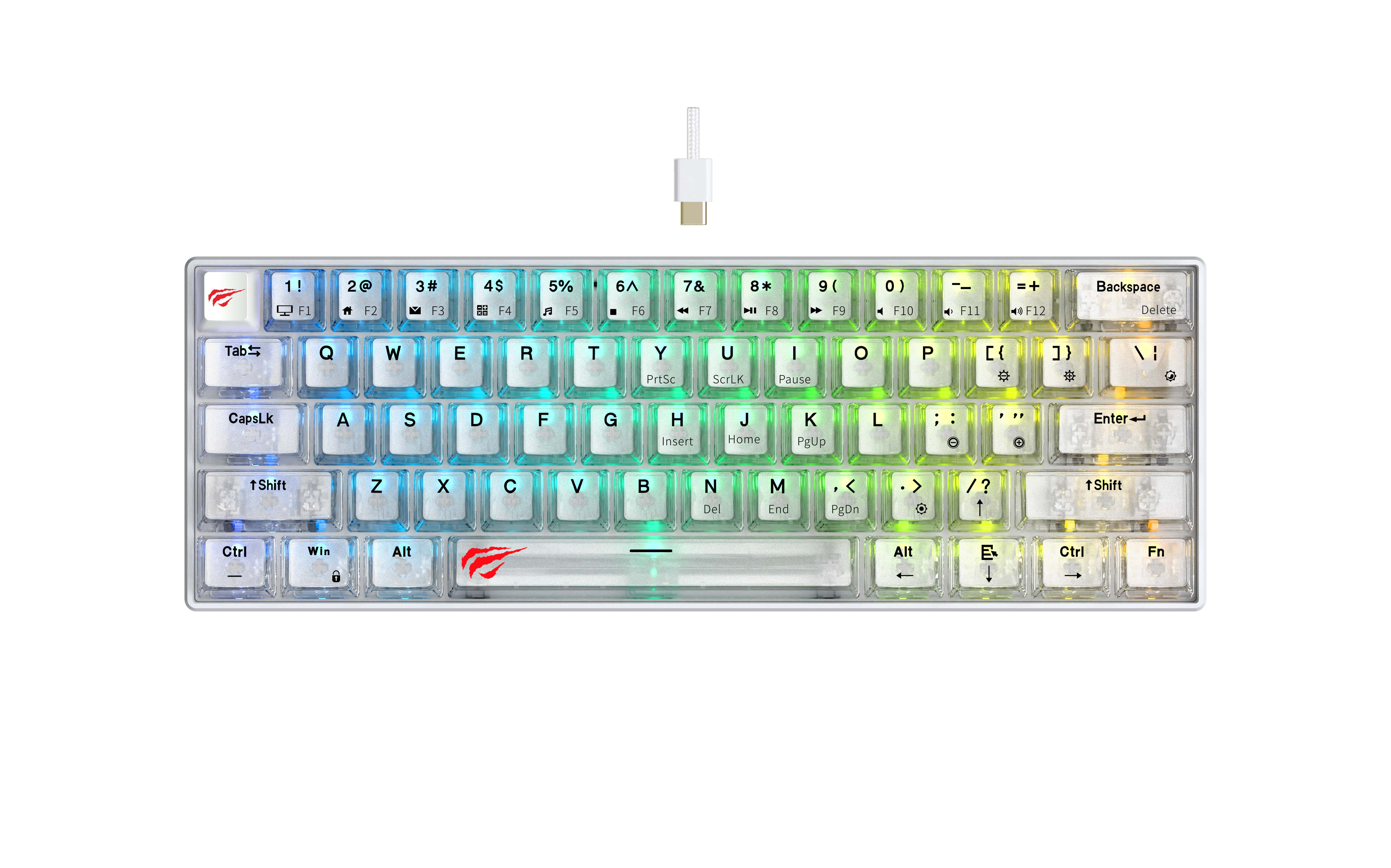 Biała i przezroczysta klawiatura mechaniczna z kolorowymi klawiszami, kablem USB i białym tłem.