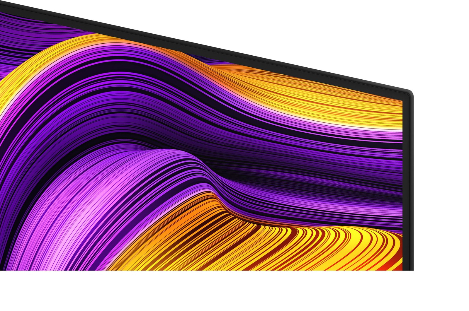 Abstrakcyjny obraz z zakrzywionymi liniami w kolorze fioletowym, żółtym i czarnym na ekranie.