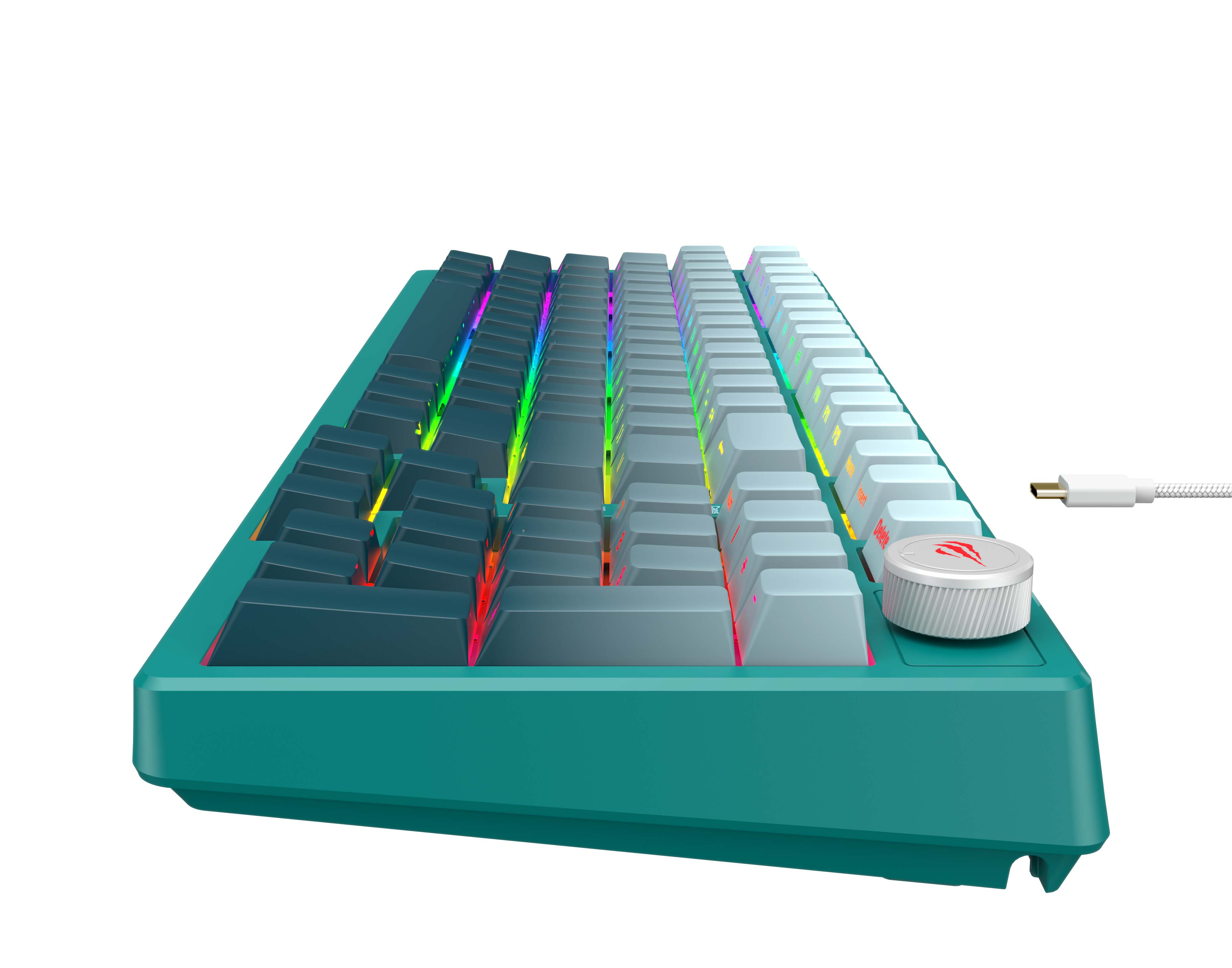 Turkusowa klawiatura mechaniczna z podświetlanymi klawiszami i białym pokrętłem. Podłączony jest kabel USB-C.