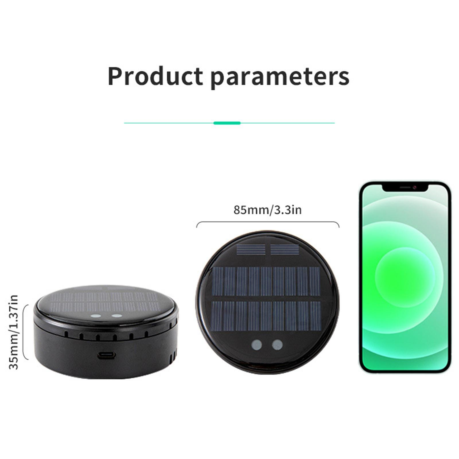 Das Bild zeigt Produktparameter mit einem runden Solarpanel, einem runden Gerät und einem Telefon.