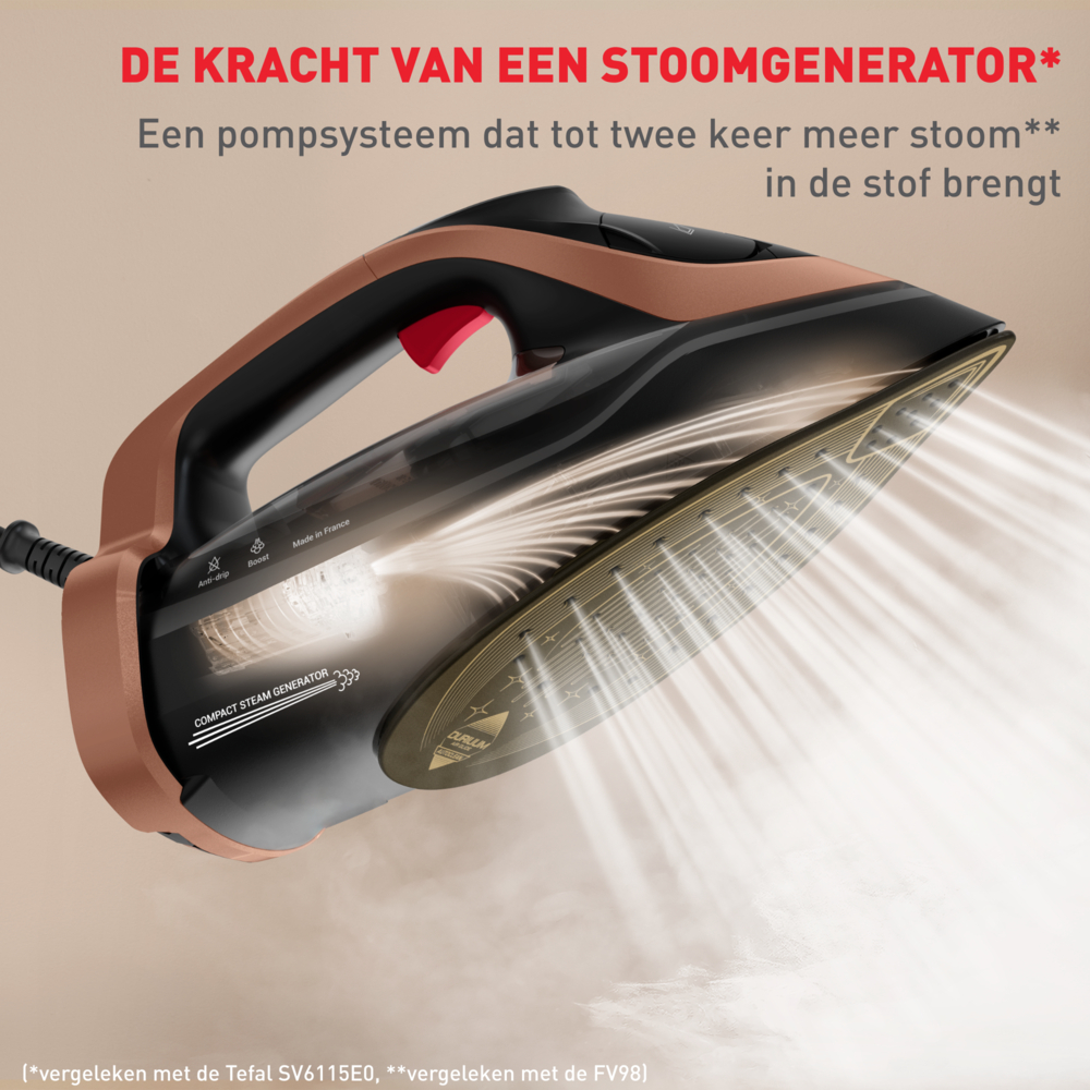 Close-up van een zwart en koperkleurig stoomstrijkijzer met stoom. Tekst bovenaan zegt stoomgenerator. Functies vermeld.