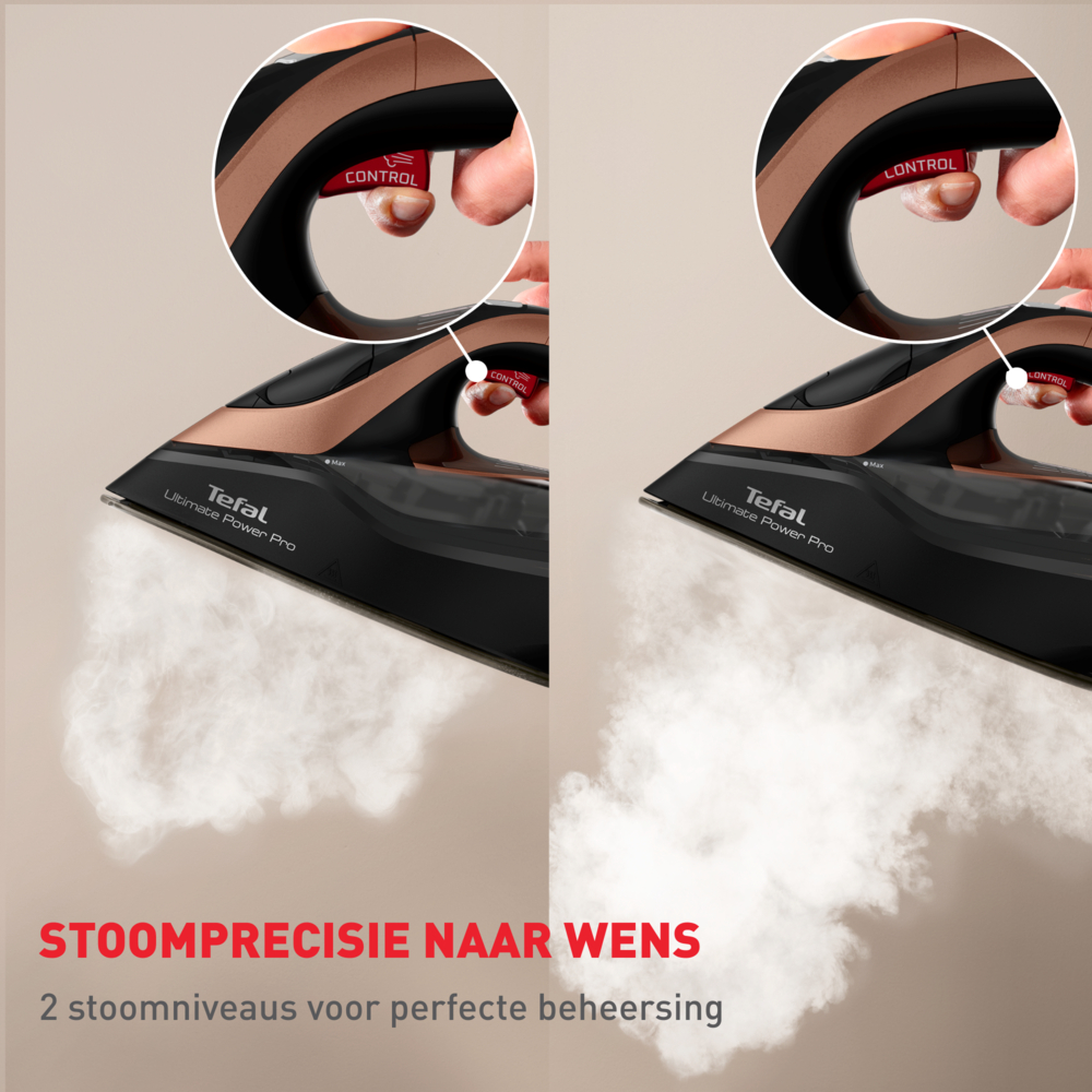 Twee strijkijzers naast elkaar, stoom komt vrij. Close-ups tonen een hand die een rode 'CONTROL'-knop indrukt.