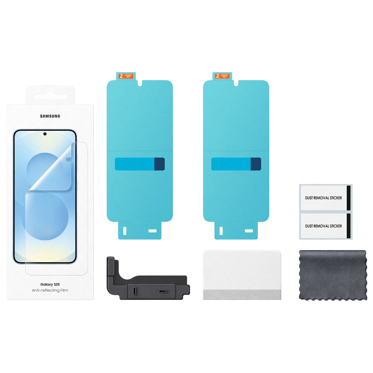 Kit de film antireflet Samsung Galaxy S25. Comprend des protecteurs d'écran, des autocollants anti-poussière, un applicateur et un chiffon.