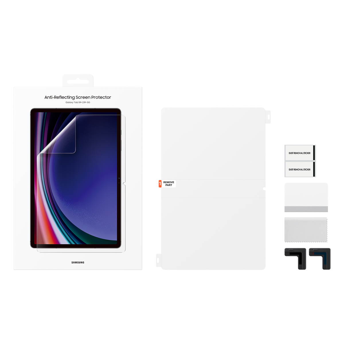 Un kit proteggi schermo per Galaxy Tab con proteggi schermo, panno per la pulizia, adesivi per la polvere e guide angolari su sfondo bianco.