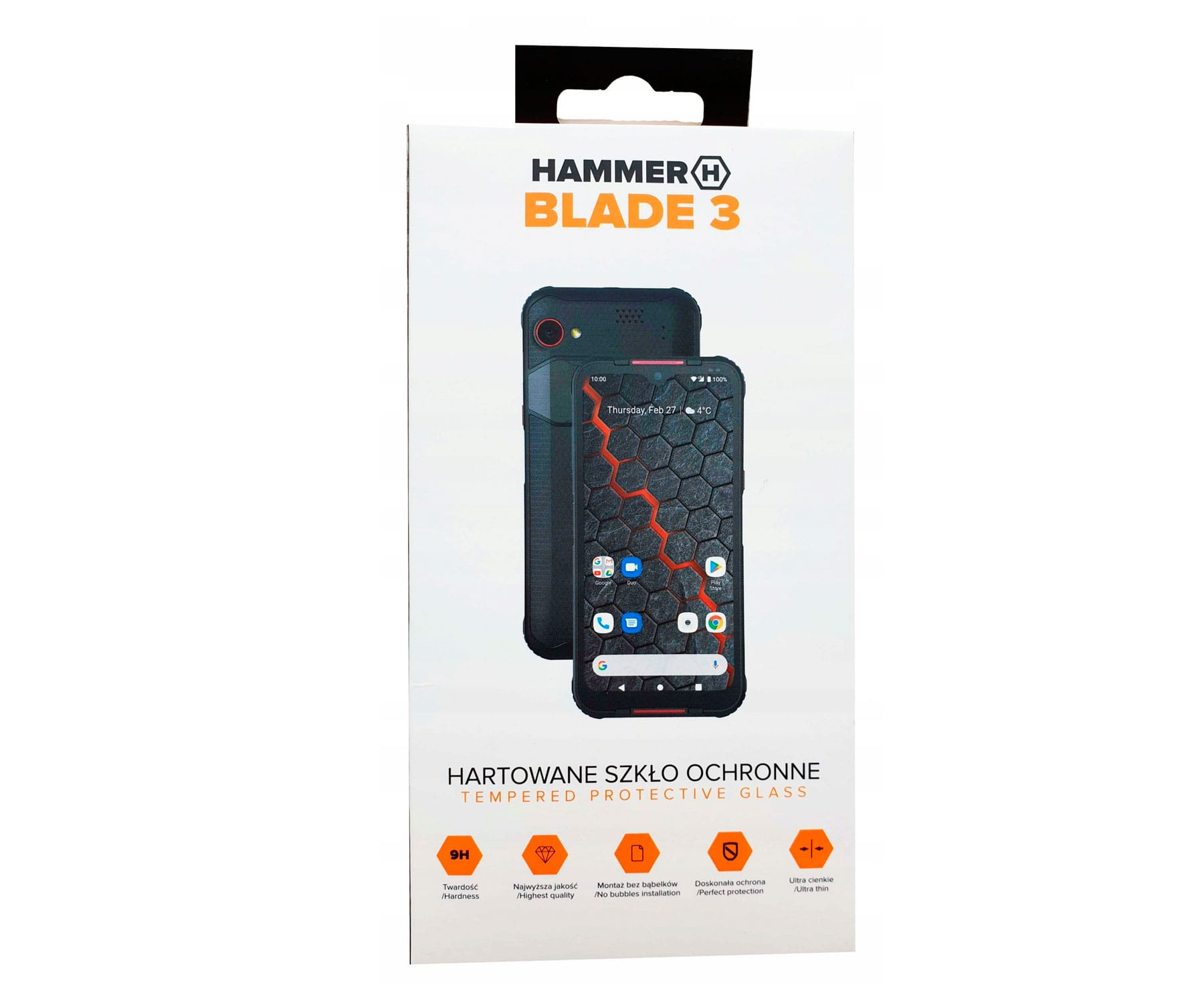 Un teléfono en una caja. La pantalla muestra aplicaciones. El texto dice 'HAMMER BLADE 3' y 'TEMPERED PROTECTIVE GLASS'.