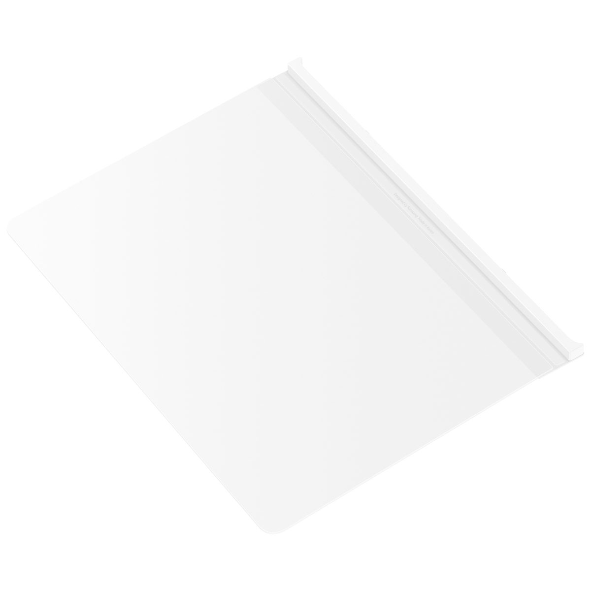 Un protector de pantalla blanco y rectangular con una estructura similar a un asa en el borde superior. Fondo blanco.