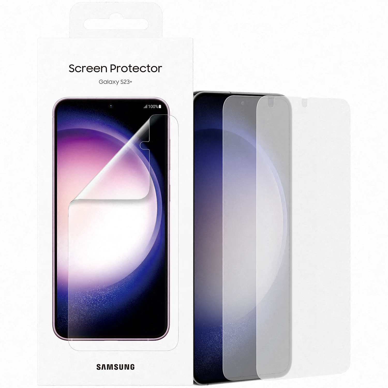 Un proteggi schermo Samsung Galaxy S23+ in una scatola bianca. Il telefono è visibile con una protezione che si stacca. Vengono mostrate due protezioni aggiuntive.