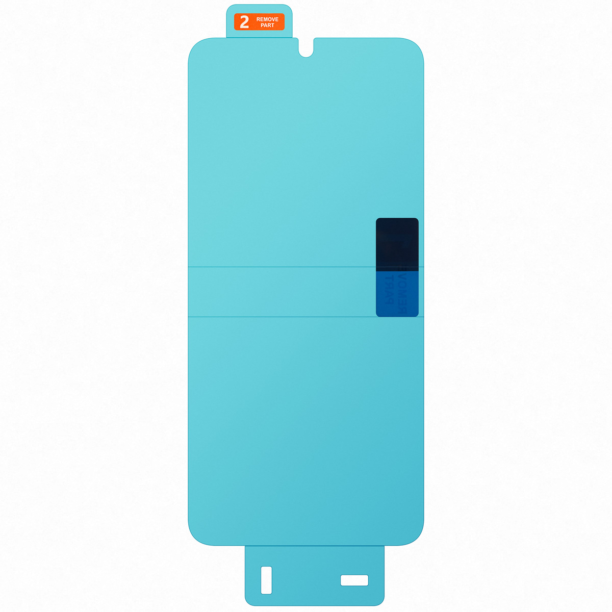 Una protezione schermo blu con una linguetta '2 Remove Part'. Ha una forma rettangolare con una sezione scura sul lato.