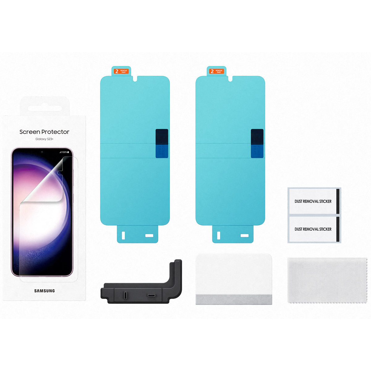 Un kit di protezione dello schermo per un Samsung Galaxy S23+. Include protezioni, adesivi e un kit di pulizia.