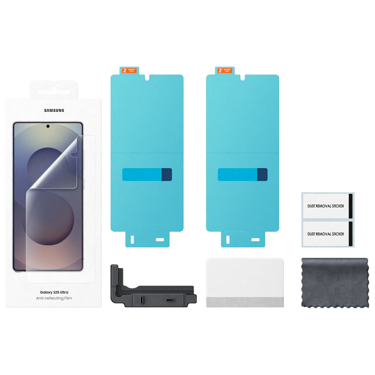 Zestaw folii antyrefleksyjnej Samsung Galaxy S25 Ultra. Zawiera osłony ekranu, naklejki przeciwpyłowe, ściereczkę do czyszczenia i narzędzie.
