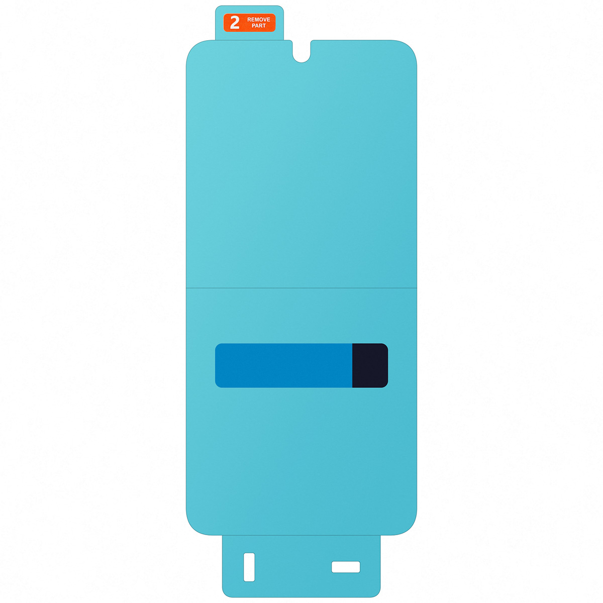 Een lichtblauwe schermbeschermer met een donkerblauwe en zwarte rechthoek. Het heeft een klein oranje lipje met "VERWIJDER DEEL 2".