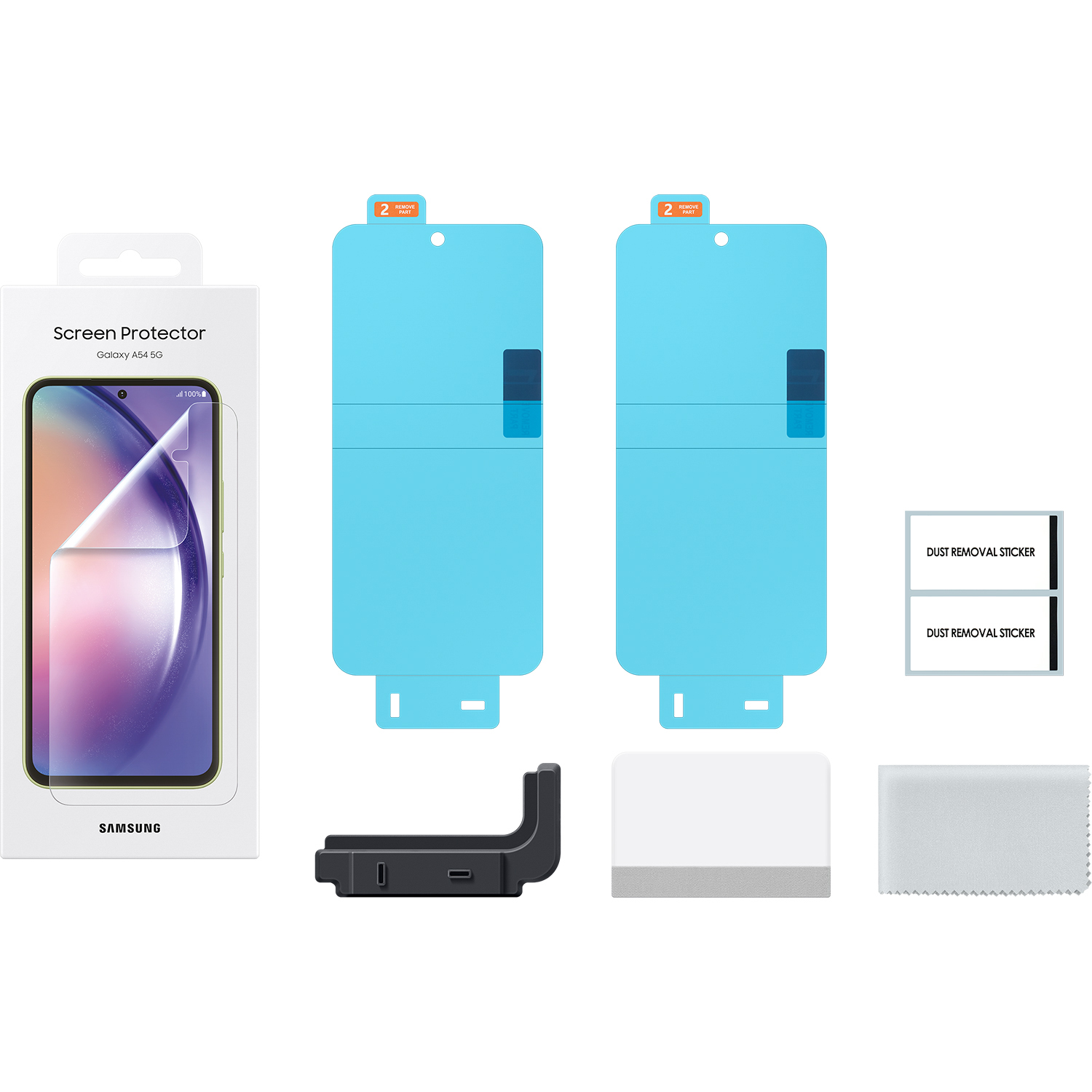 Displayschutzfolien-Set für Galaxy A54 5G. Enthält Displayschutzfolie, Reinigungswerkzeuge, Staubentfernungsaufkleber und Halter.