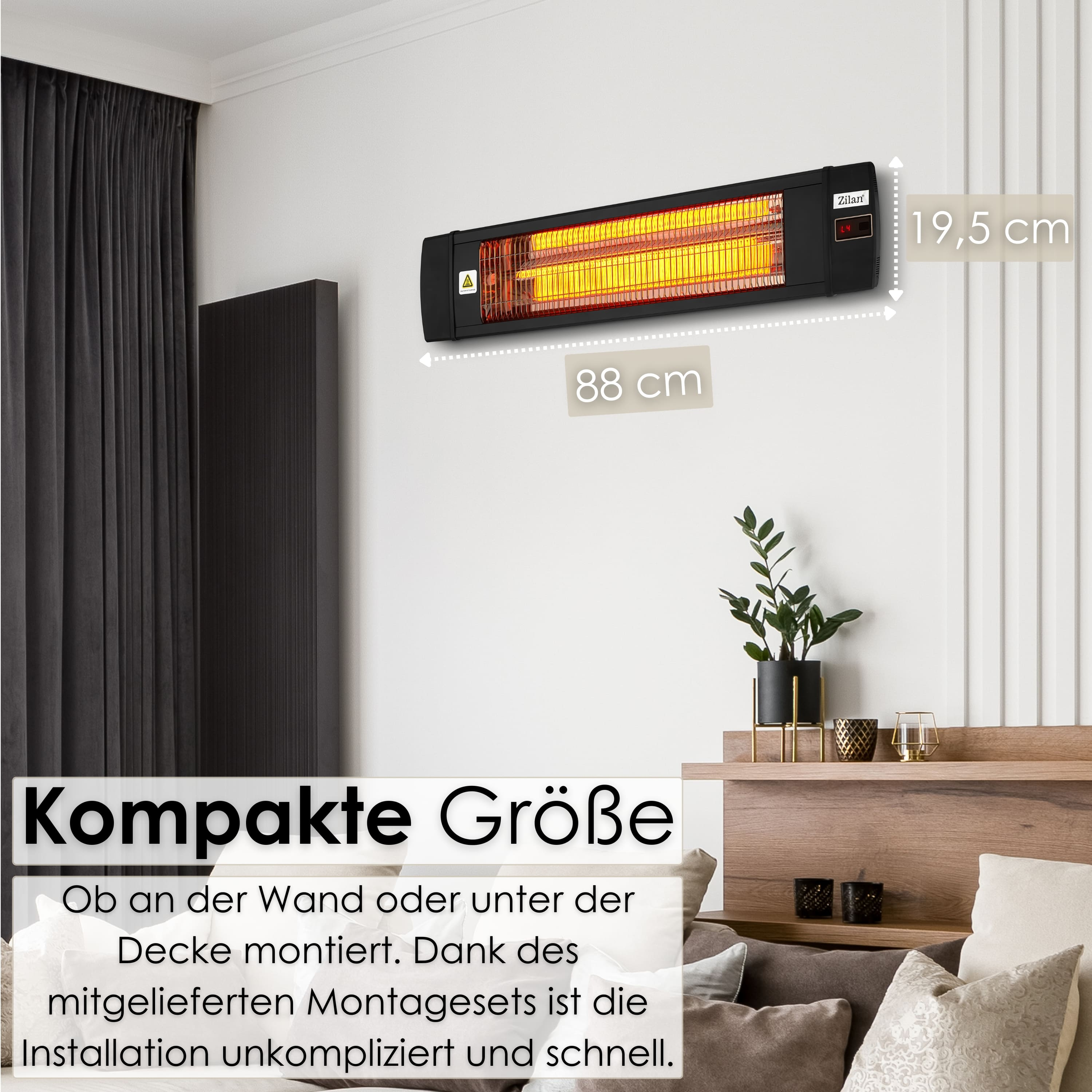 Ein schwarzer, an der Wand montierter Heizkörper, Abmessungen sind angegeben. Text lautet 'Kompakte Größe'.