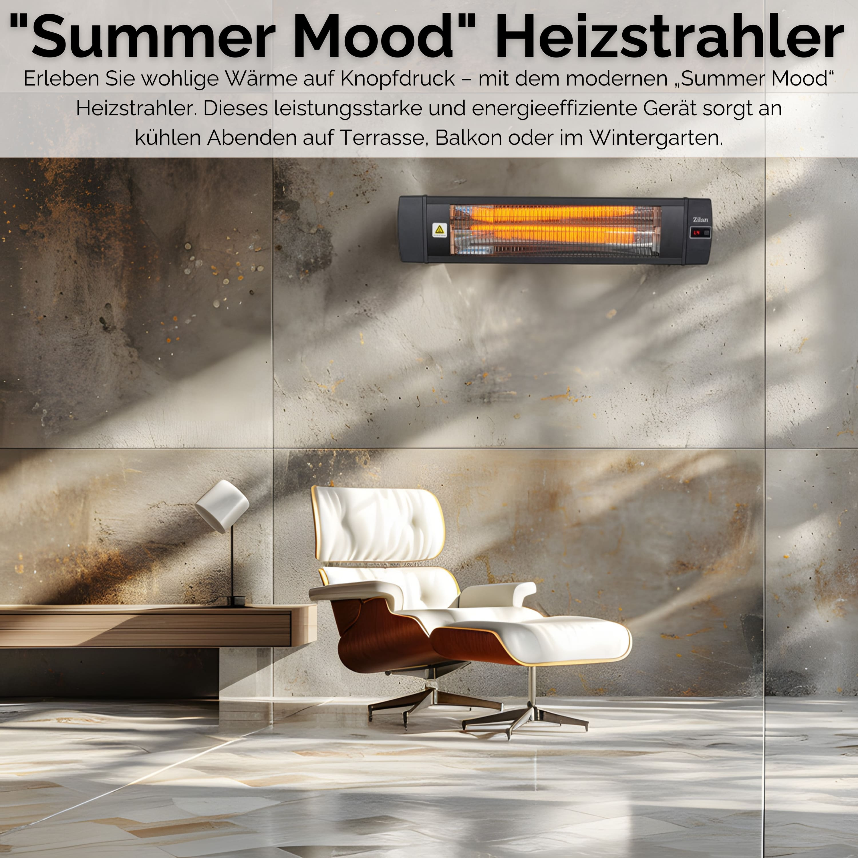 Ein Heizgerät ist an einer Wand montiert. Ein moderner Stuhl befindet sich im Vordergrund. Der Boden ist gefliest.