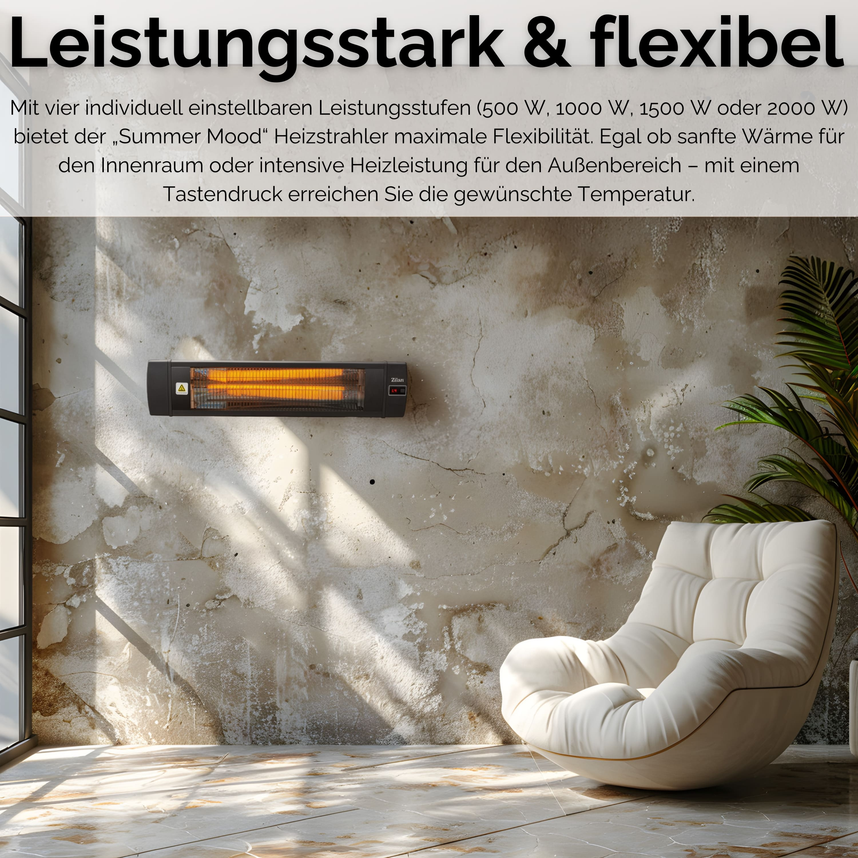 Ein moderner Raum mit Heizung, weißem Sessel und Pflanze an strukturierter Wand.