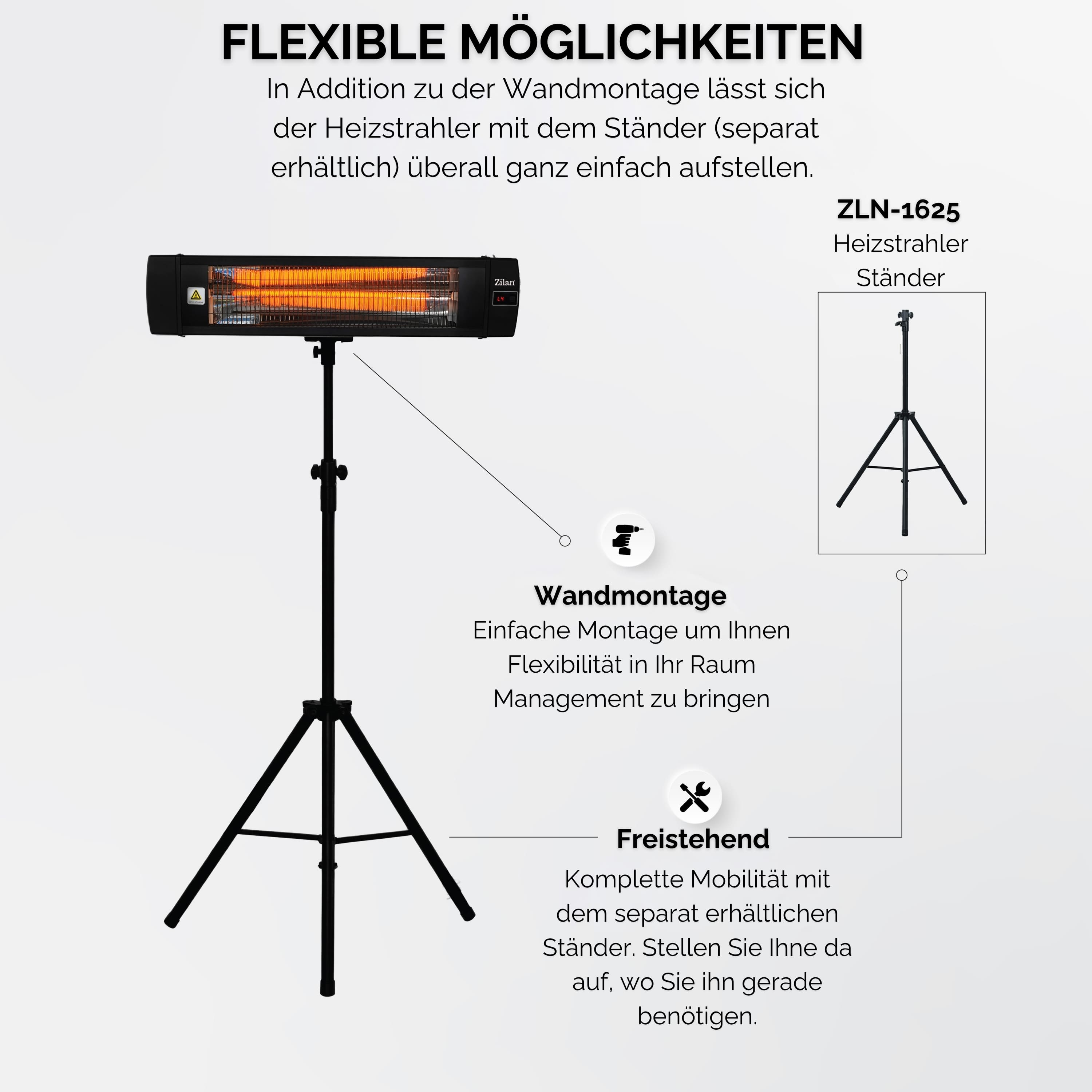 Schwarzer Infrarotstrahler auf einem Ständer. Text erwähnt Wandmontage und freistehende Optionen.