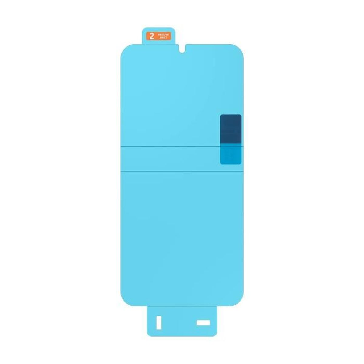 Un proteggi schermo azzurro con un rettangolo blu scuro e un'etichetta arancione '2 remove part'. Due intagli negativi in basso.