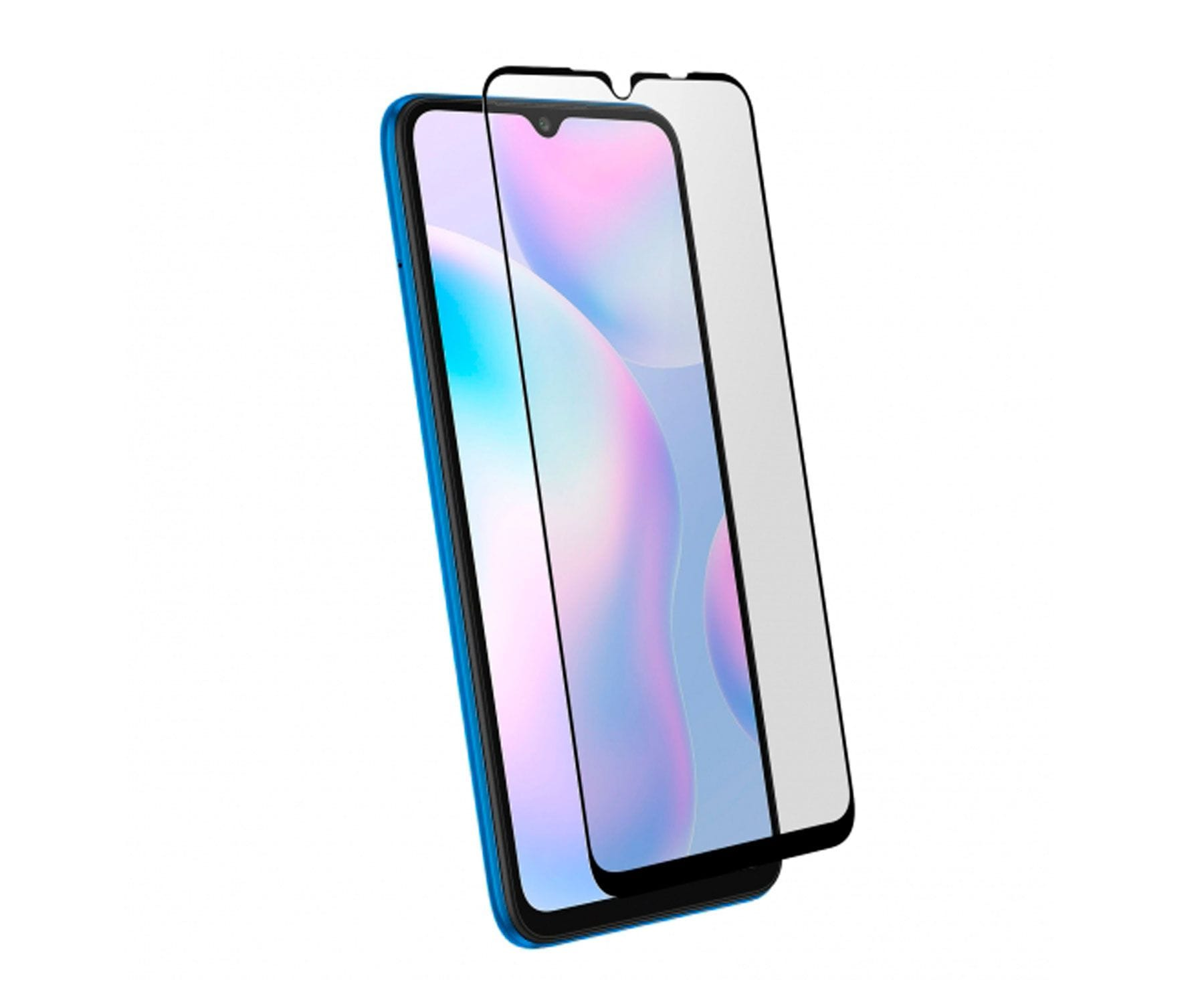 Uno smartphone blu con una protezione per lo schermo. La protezione ha una cornice nera ed è leggermente fuori dal telefono.
