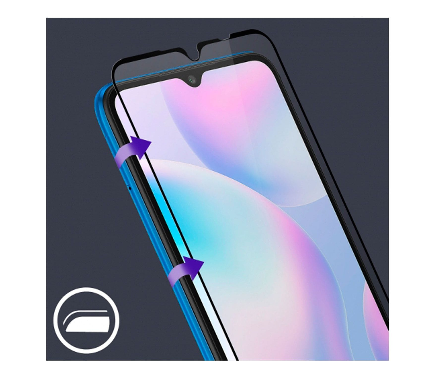 Uno schermo del telefono con una protezione applicata. Frecce viola indicano la direzione. Il telefono è blu.