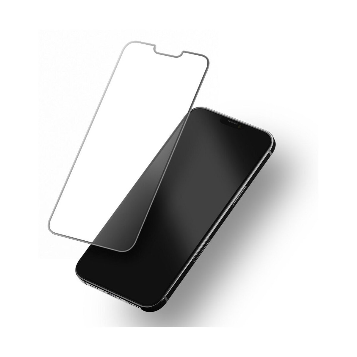 Uno smartphone con protezione schermo. Il telefono è nero e la protezione trasparente con cornice argentata. Sfondo bianco.